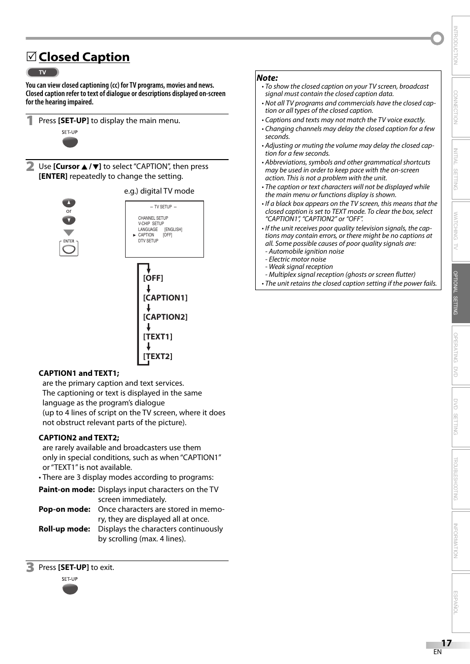 Closed caption | Philips Magnavox sdtv CD130MW9 User Manual | Page 17 / 90