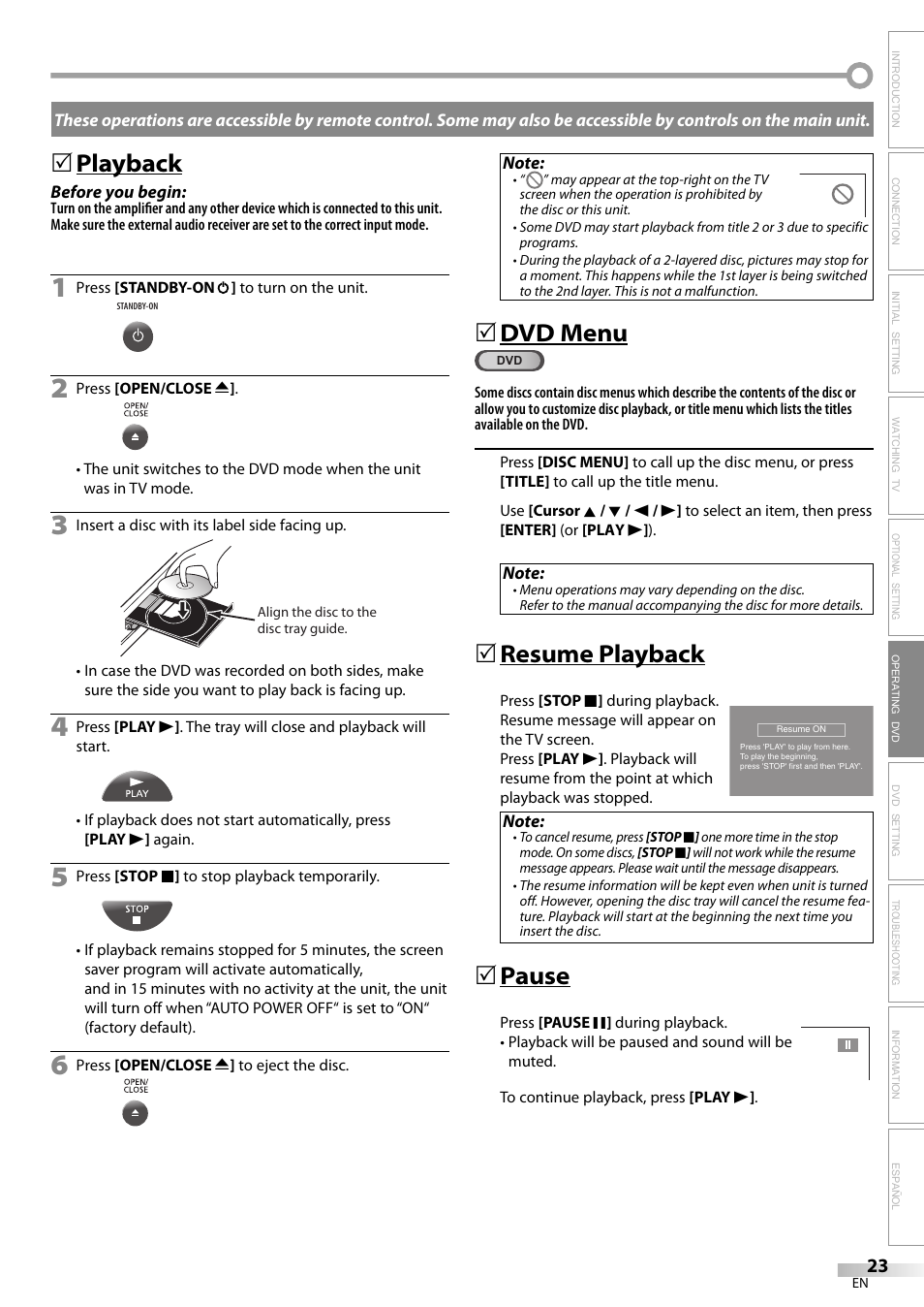 Playback, Dvd menu, Resume playback | Pause | Philips Magnavox sdtv CD130MW9 User Manual | Page 23 / 90