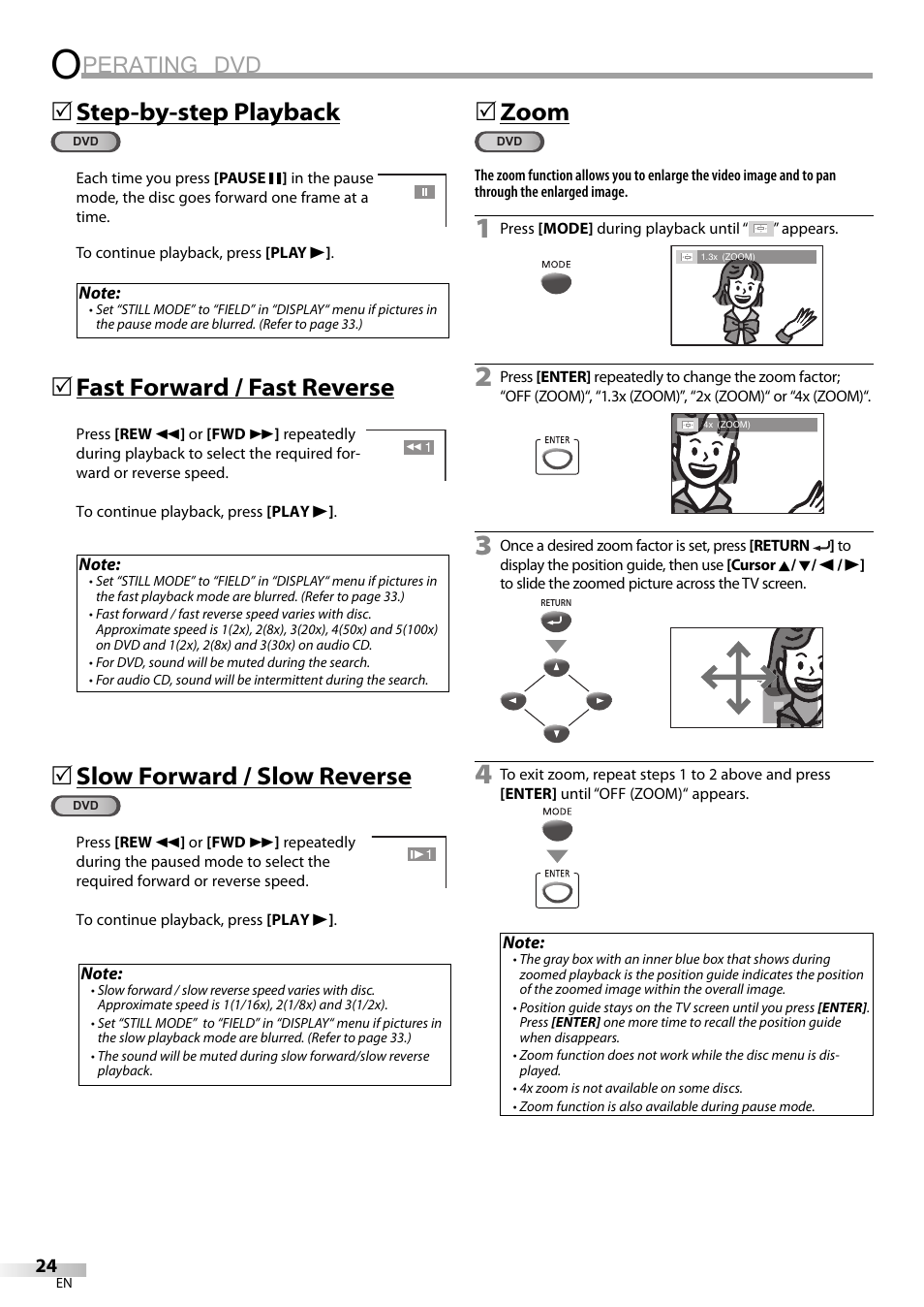 Perating dvd, Step-by-step playback, Fast forward / fast reverse | Slow forward / slow reverse, 5zoom | Philips Magnavox sdtv CD130MW9 User Manual | Page 24 / 90
