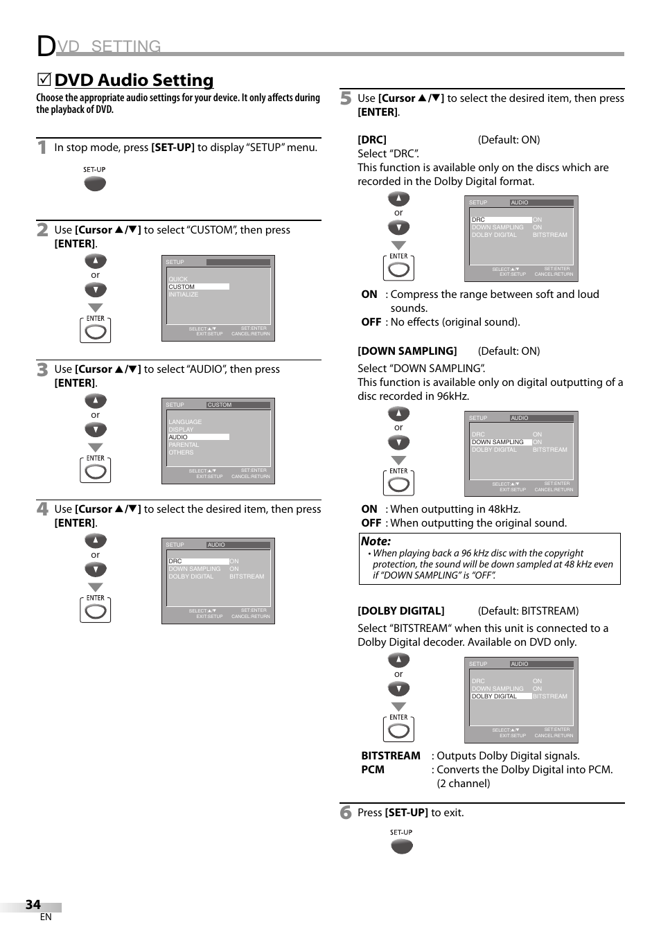 Vd setting, Dvd audio setting | Philips Magnavox sdtv CD130MW9 User Manual | Page 34 / 90