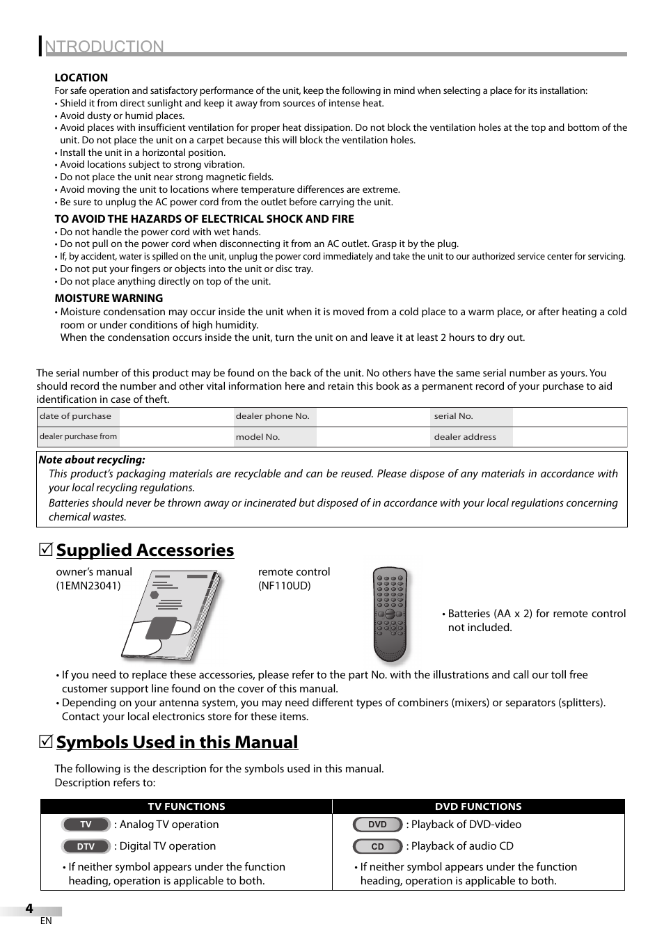 Ntroduction, Supplied accessories 5, Symbols used in this manual 5 | Philips Magnavox sdtv CD130MW9 User Manual | Page 4 / 90