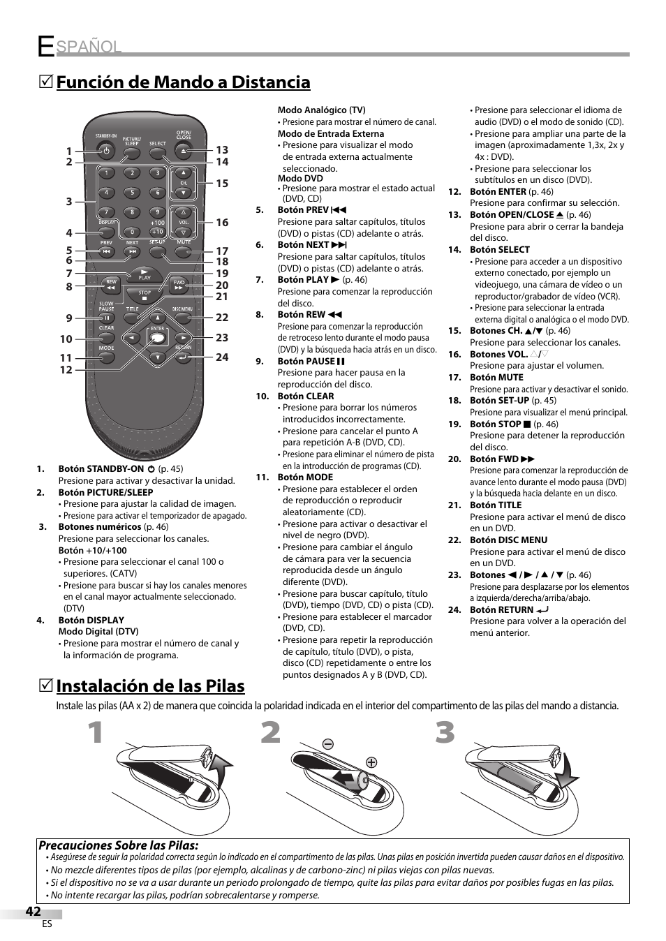 Spañol, Función de mando a distancia 5, Instalación de las pilas | Precauciones sobre las pilas | Philips Magnavox sdtv CD130MW9 User Manual | Page 42 / 90