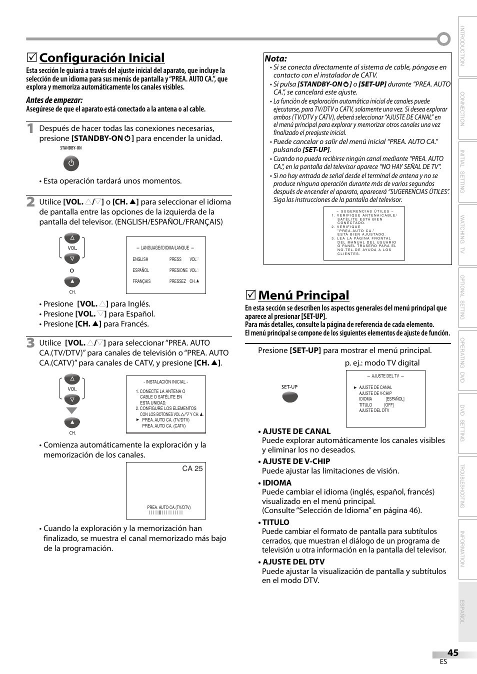 Configuración inicial, Menú principal | Philips Magnavox sdtv CD130MW9 User Manual | Page 45 / 90