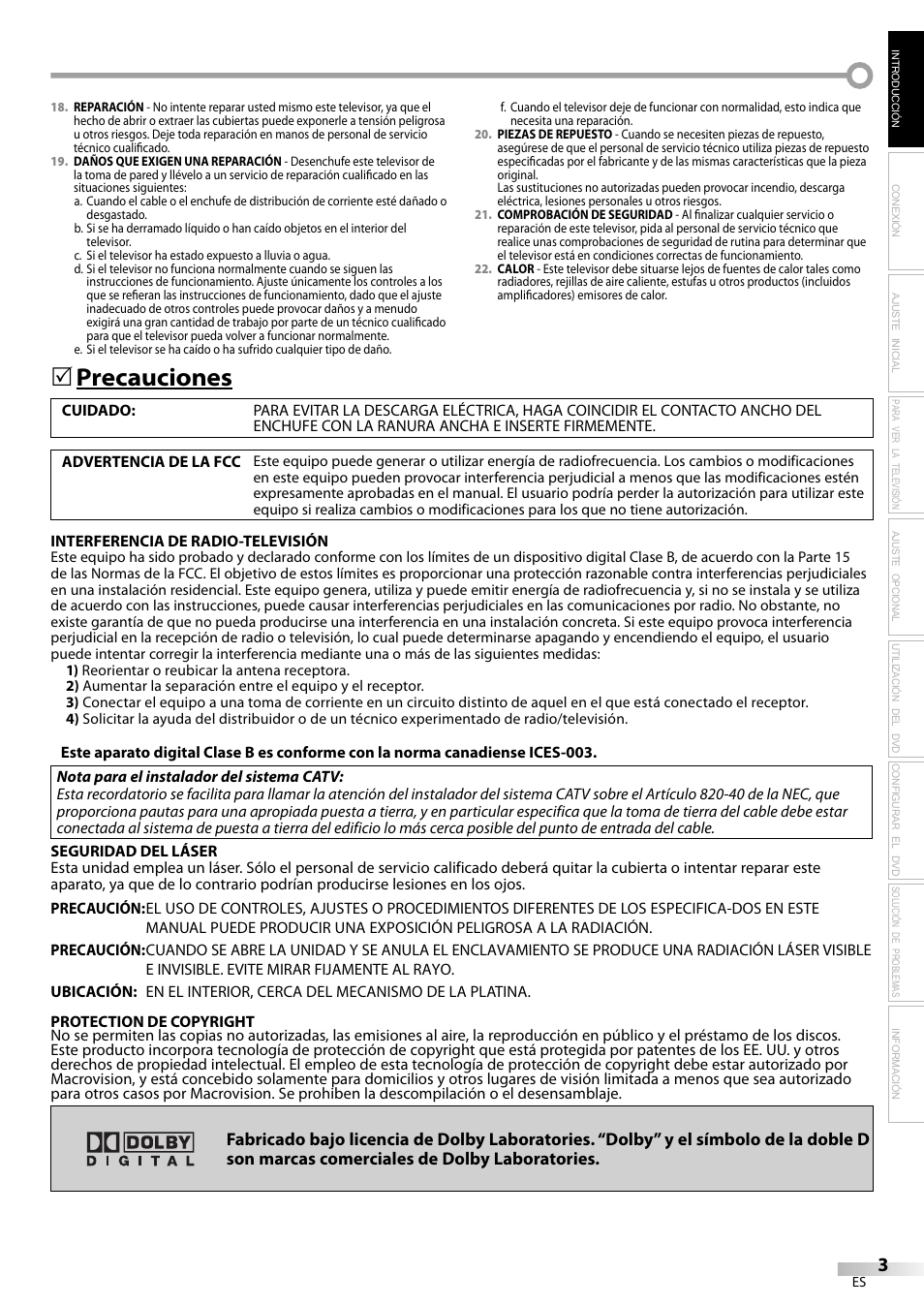 Precauciones | Philips Magnavox sdtv CD130MW9 User Manual | Page 51 / 90