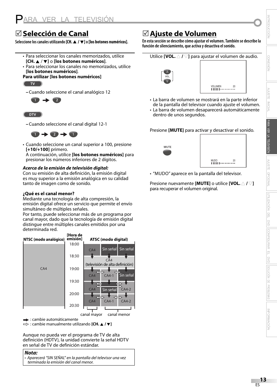 Ara ver la televisión, Selección de canal, Ajuste de volumen | Philips Magnavox sdtv CD130MW9 User Manual | Page 61 / 90