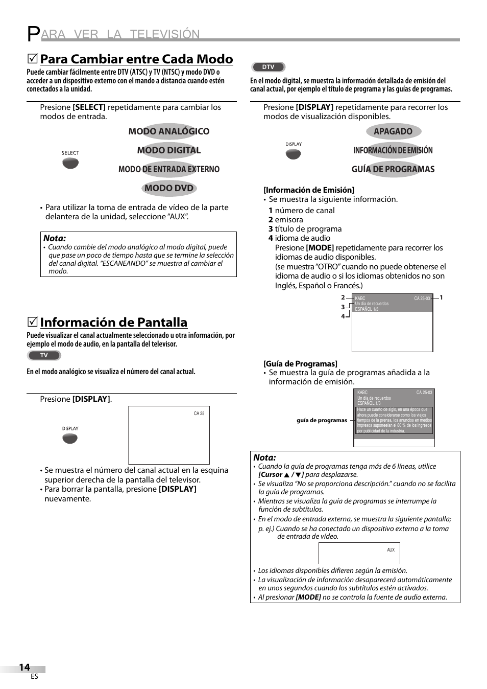 Ara ver la televisión, Para cambiar entre cada modo, Información de pantalla | Philips Magnavox sdtv CD130MW9 User Manual | Page 62 / 90