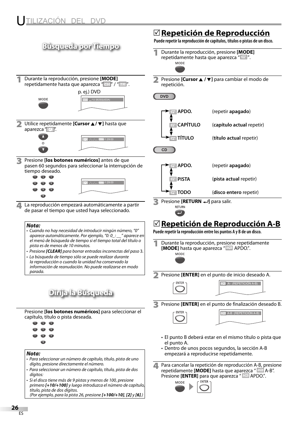 Tilización del dvd, Búsqueda por tiempo, Dirija la búsqueda | Repetición de reproducción, Repetición de reproducción a-b | Philips Magnavox sdtv CD130MW9 User Manual | Page 74 / 90