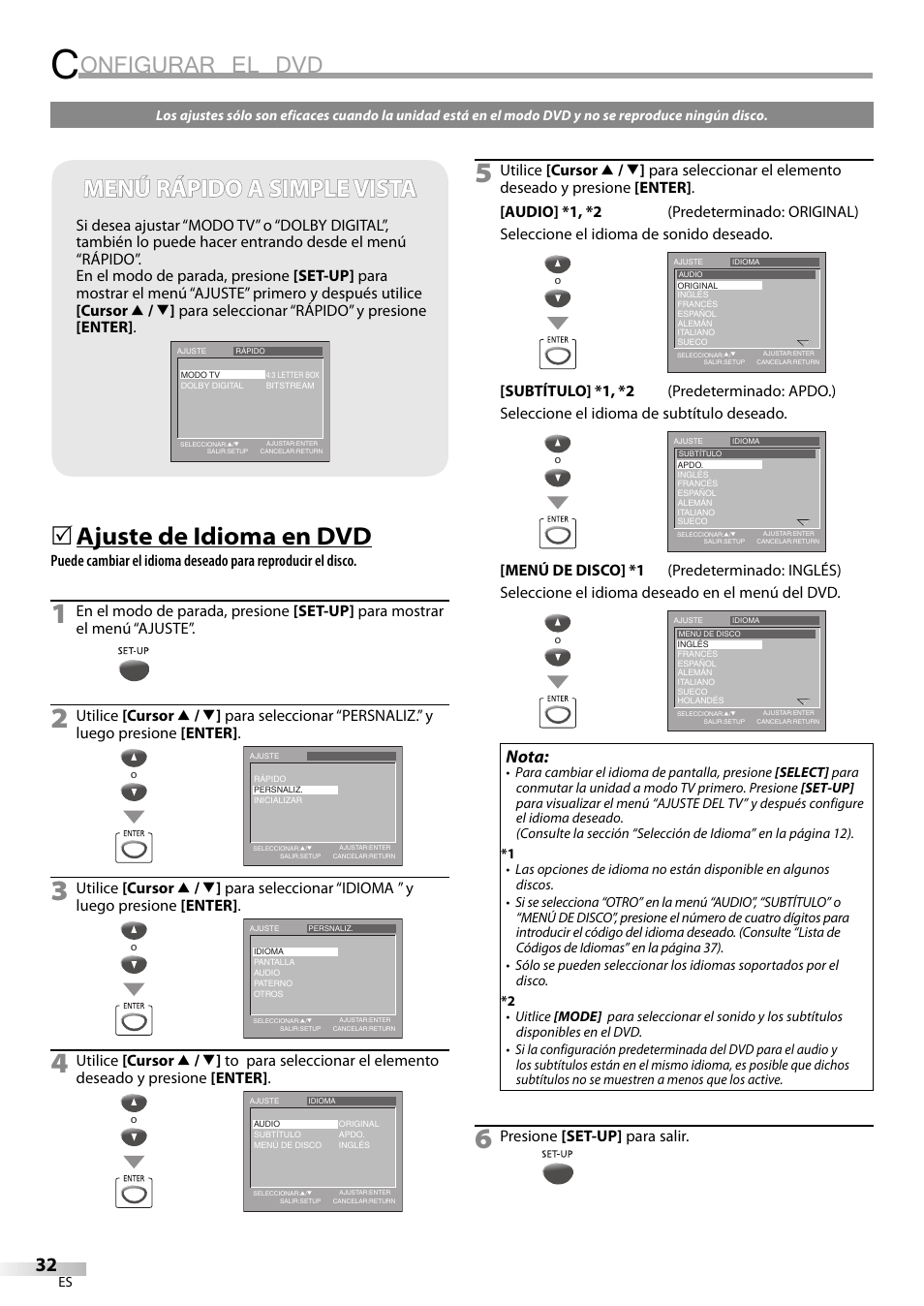 Onfigurar el dvd, Menú rápido a simple vista, Ajuste de idioma en dvd | Nota, Presione [set-up] para salir | Philips Magnavox sdtv CD130MW9 User Manual | Page 80 / 90