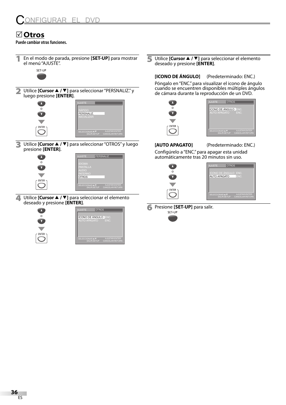 Onfigurar el dvd, Otros, Puede cambiar otras funciones | Presione [set-up] para salir | Philips Magnavox sdtv CD130MW9 User Manual | Page 84 / 90