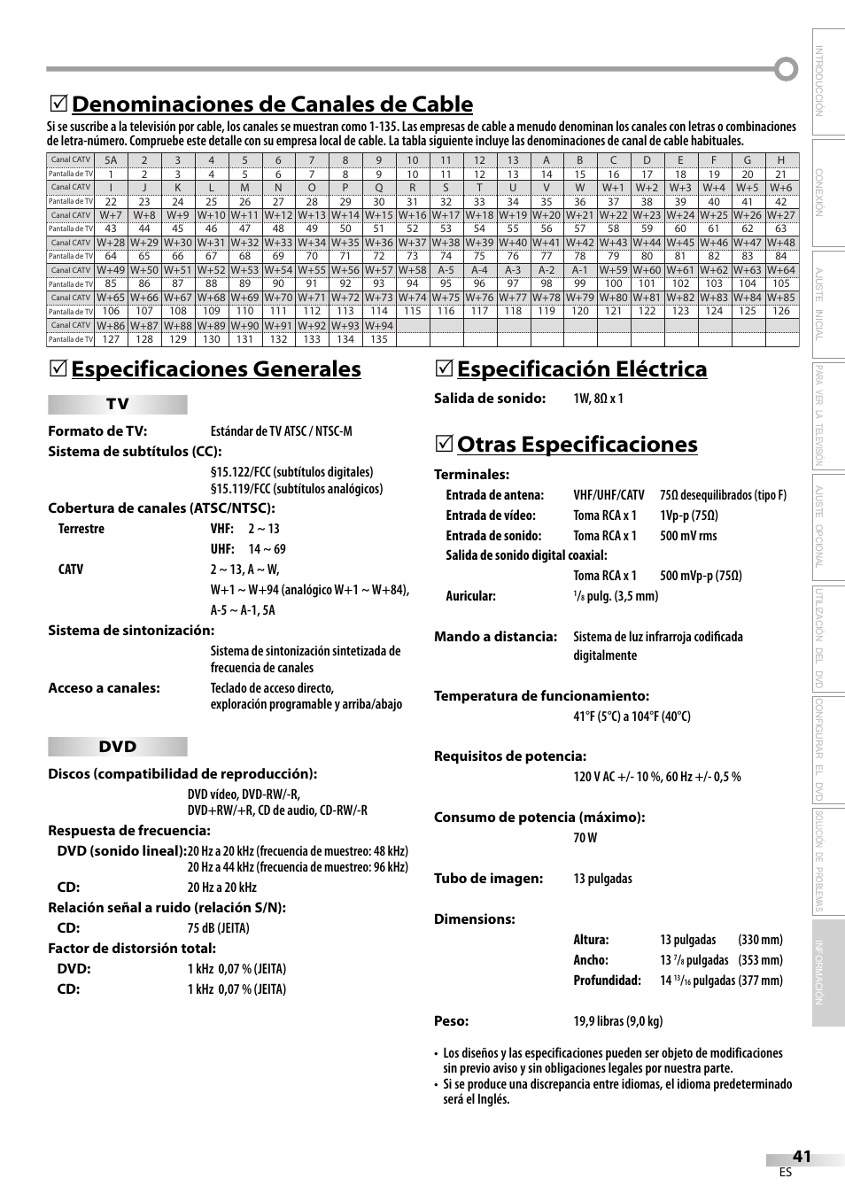 Especificaciones generales, 5especificación eléctrica, Otras especificaciones | Denominaciones de canales de cable 5 | Philips Magnavox sdtv CD130MW9 User Manual | Page 89 / 90