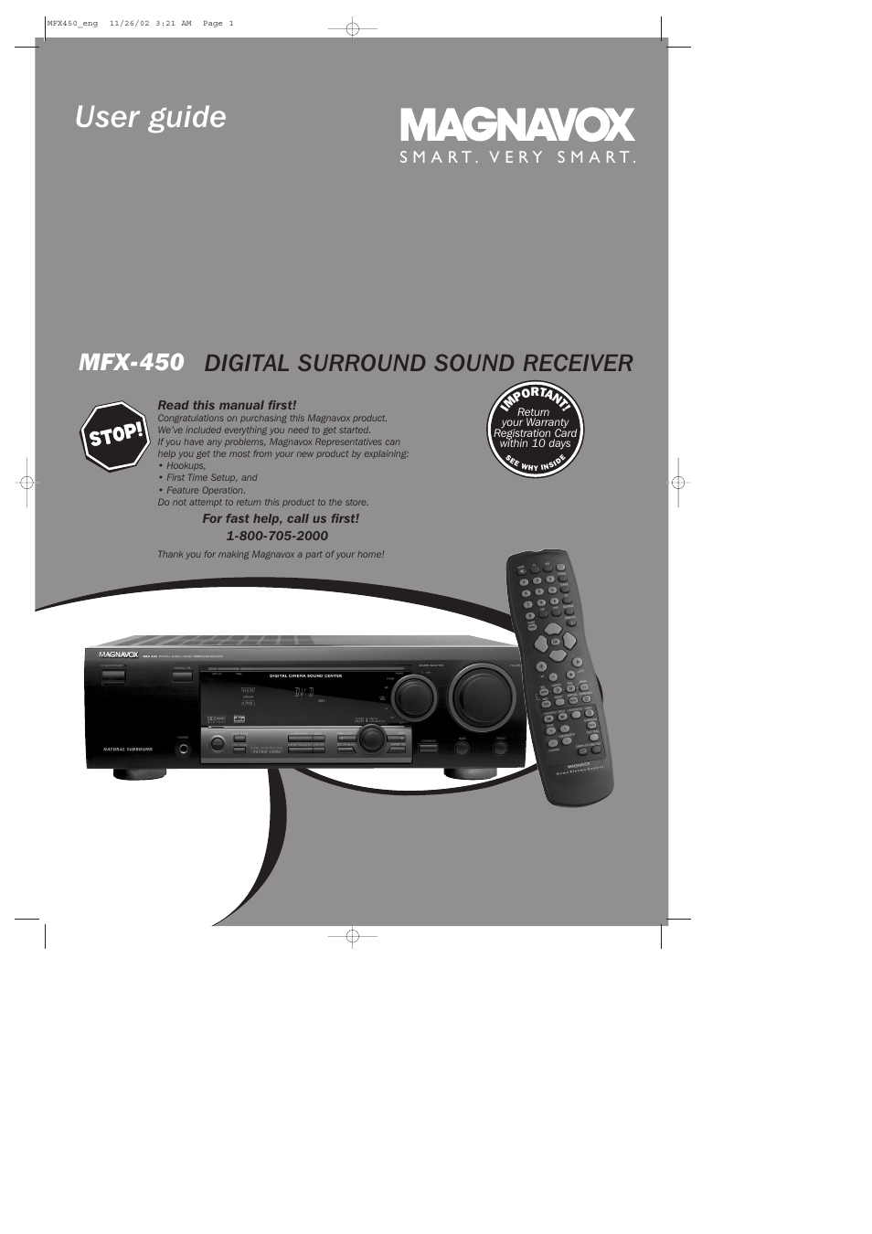 User guide, Digital surround sound receiver, Mfx-450 | Philips Magnavox Home Threater Set MCS 990/17 User Manual | Page 2 / 55