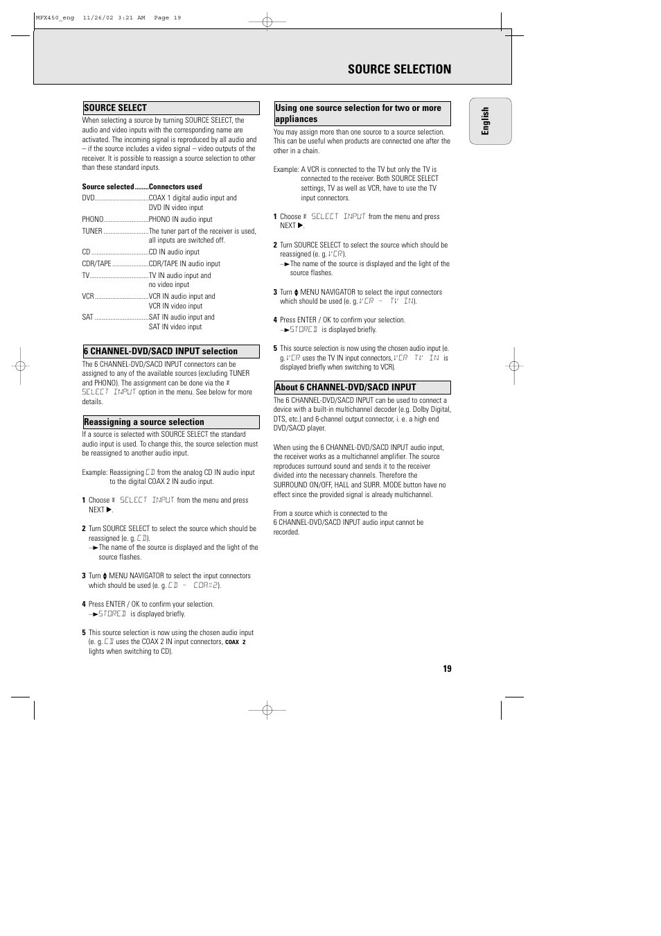 Source selection | Philips Magnavox Home Threater Set MCS 990/17 User Manual | Page 20 / 55