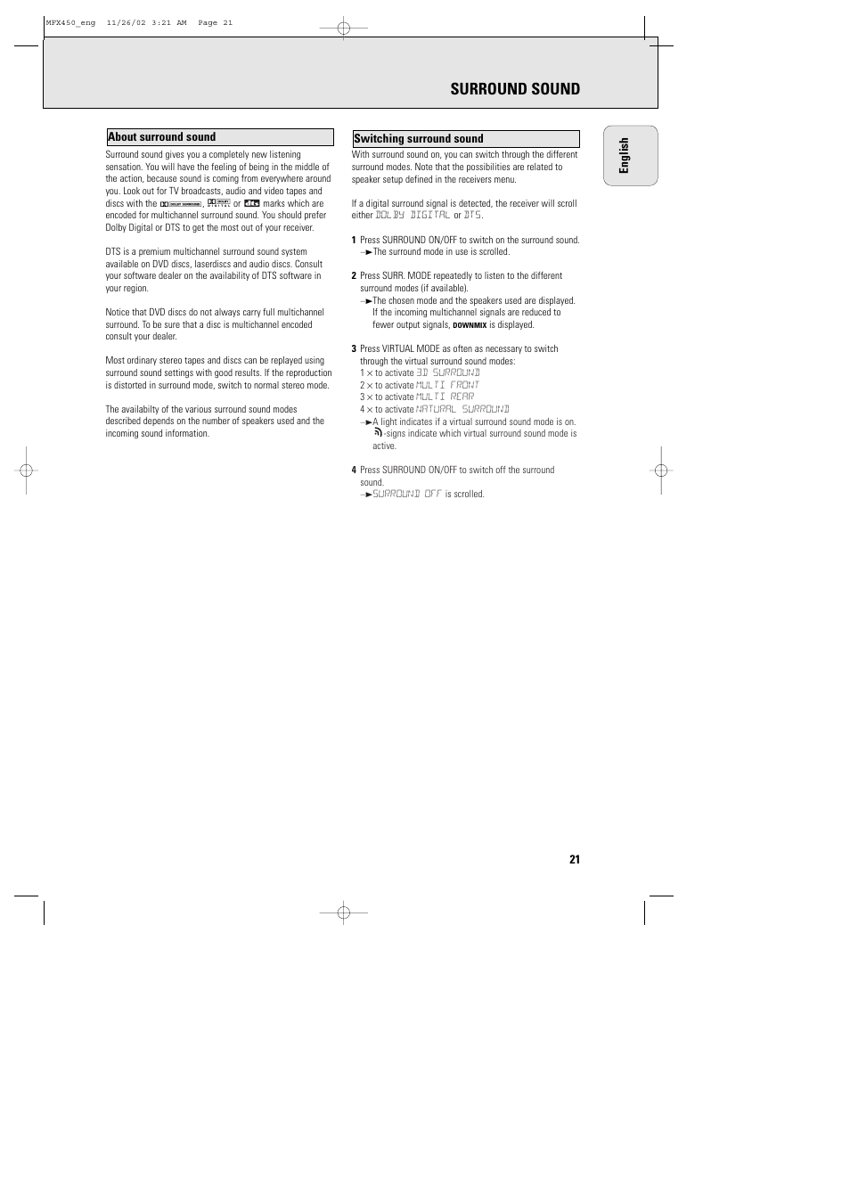 Surround sound | Philips Magnavox Home Threater Set MCS 990/17 User Manual | Page 22 / 55