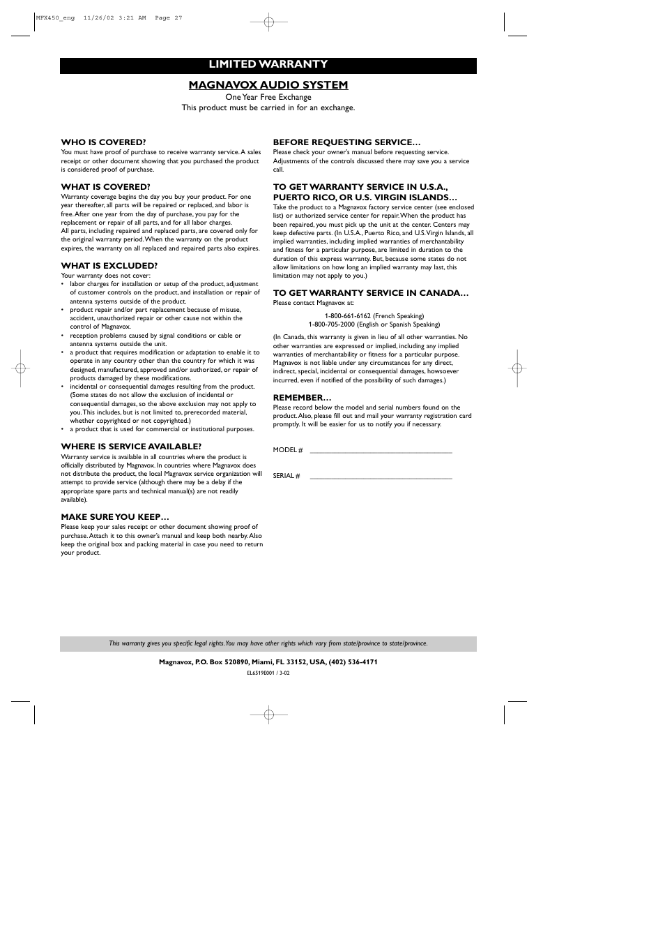 Magnavox audio system, Limited warranty | Philips Magnavox Home Threater Set MCS 990/17 User Manual | Page 28 / 55