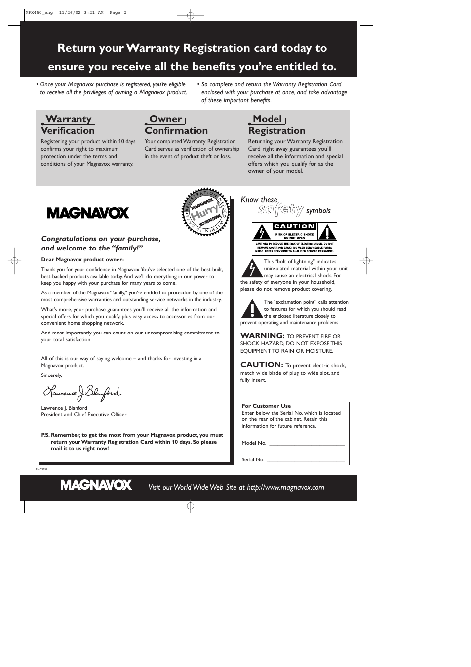 Hurry, Warranty verification, Owner confirmation | Model registration | Philips Magnavox Home Threater Set MCS 990/17 User Manual | Page 3 / 55