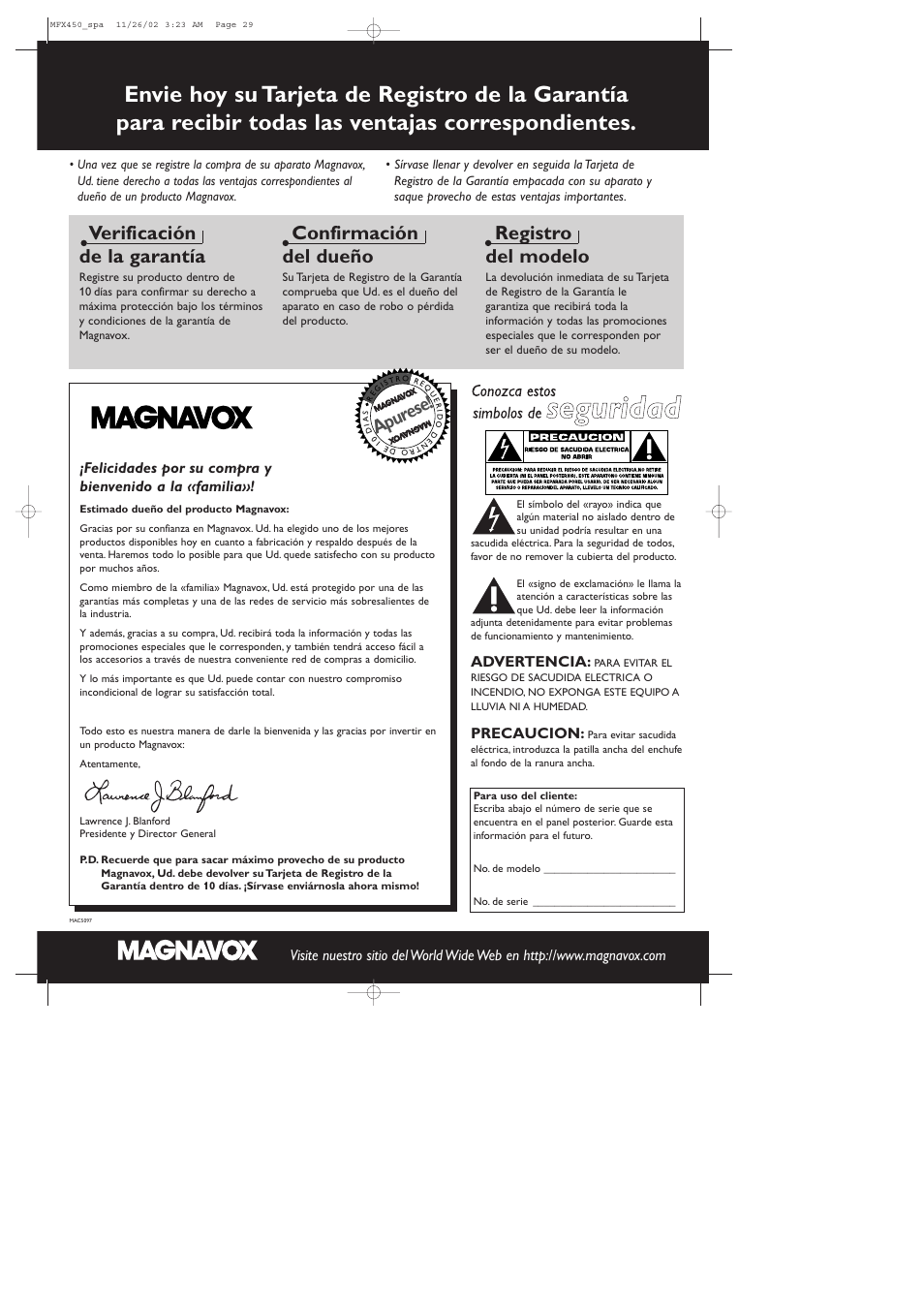 Verificación de la garantía, Confirmación del dueño, Registro del modelo | Apurese | Philips Magnavox Home Threater Set MCS 990/17 User Manual | Page 30 / 55