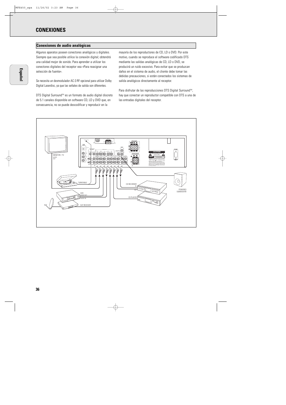 Conexiones, 36 español conexiones de audio analógicas | Philips Magnavox Home Threater Set MCS 990/17 User Manual | Page 37 / 55