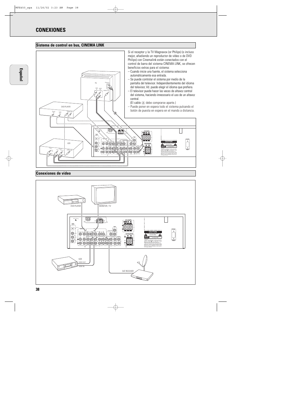 Conexiones, 38 español, Dvd player monitor / tv | Vcr sat receiver | Philips Magnavox Home Threater Set MCS 990/17 User Manual | Page 39 / 55