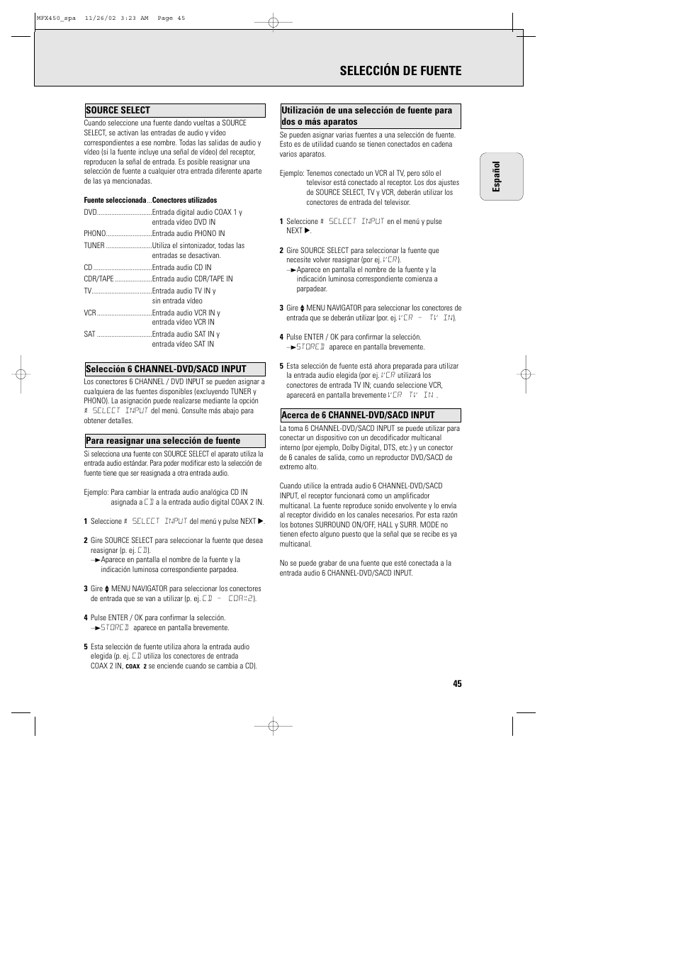 Selección de fuente | Philips Magnavox Home Threater Set MCS 990/17 User Manual | Page 46 / 55