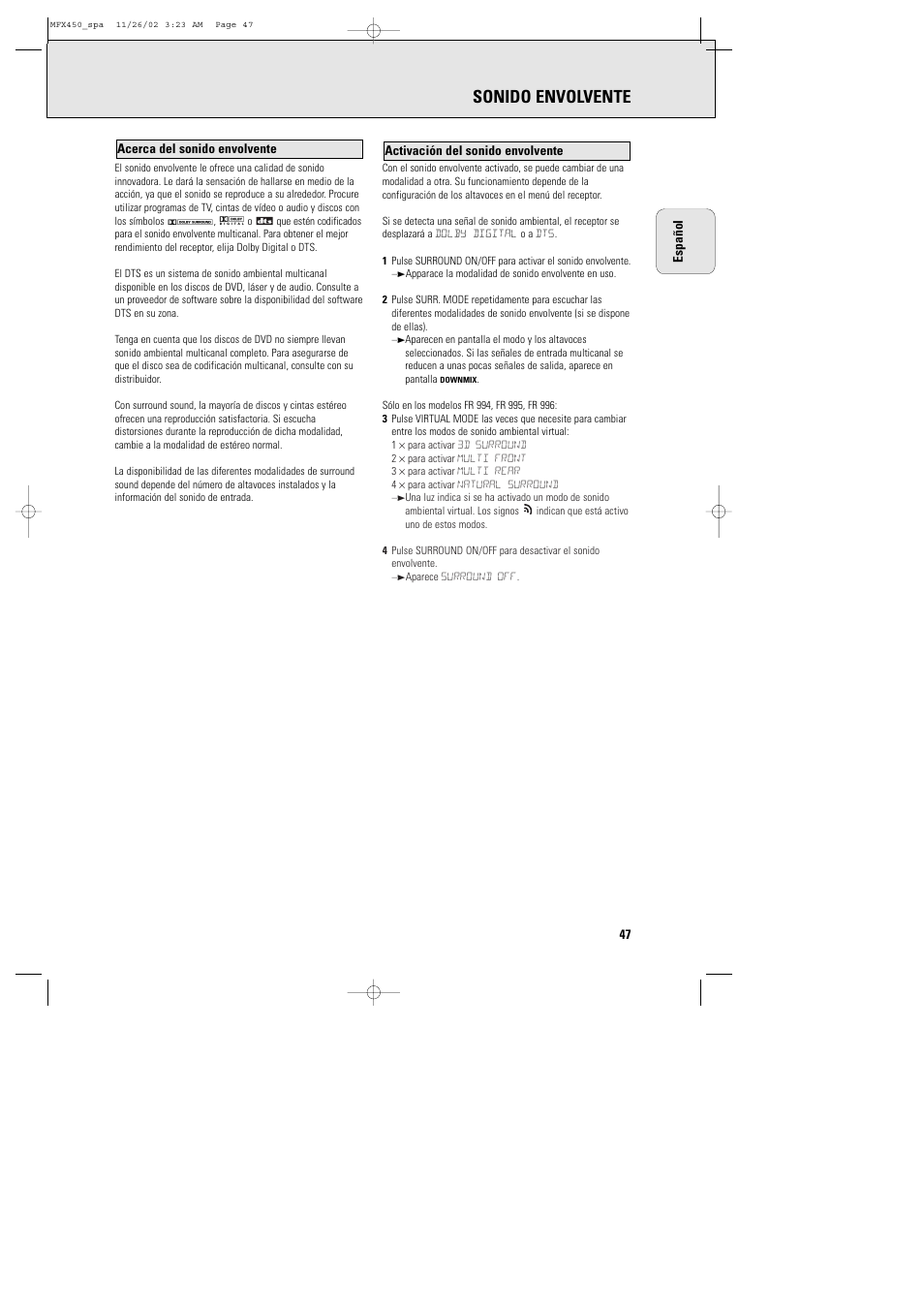 Sonido envolvente | Philips Magnavox Home Threater Set MCS 990/17 User Manual | Page 48 / 55