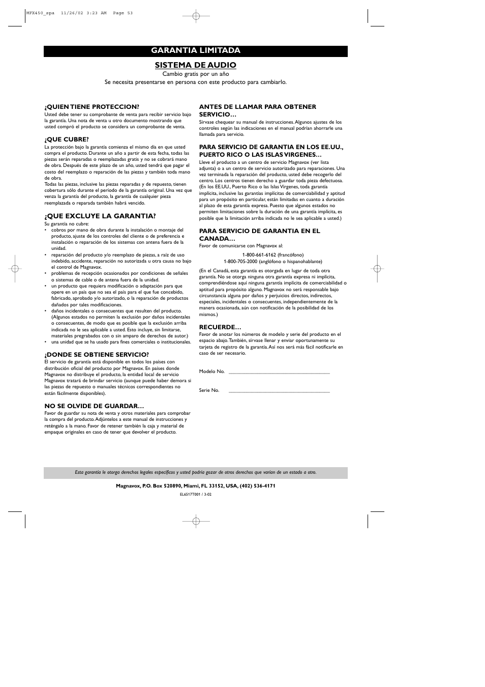 Sistema de audio, Garantia limitada | Philips Magnavox Home Threater Set MCS 990/17 User Manual | Page 54 / 55