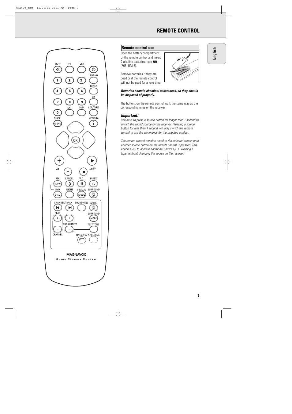 Remote control | Philips Magnavox Home Threater Set MCS 990/17 User Manual | Page 8 / 55