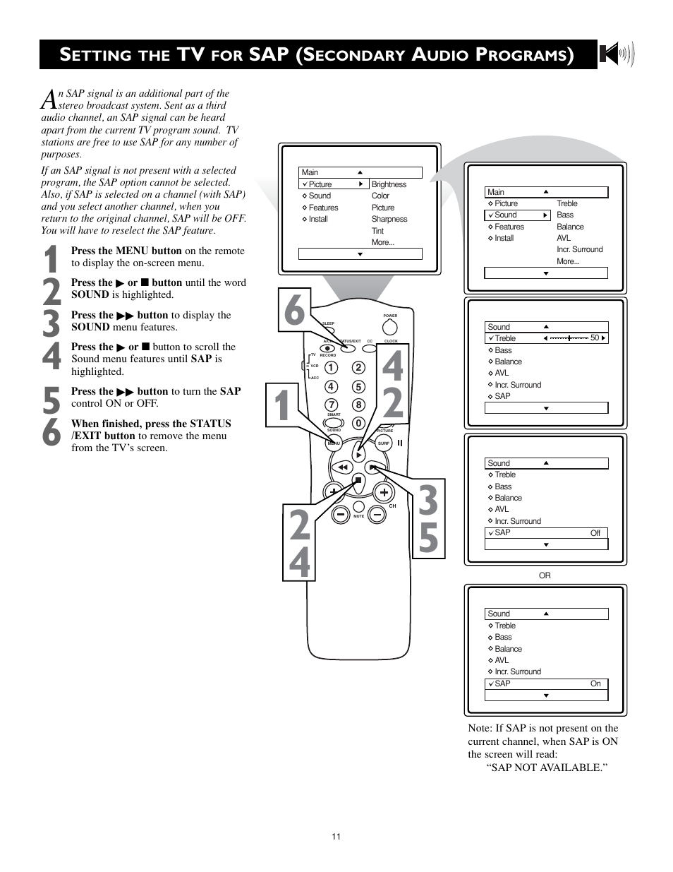 Sap (s, Etting the, Econdary | Udio, Rograms | Philips Magnavox MS3252S MS3652S User Manual | Page 11 / 40