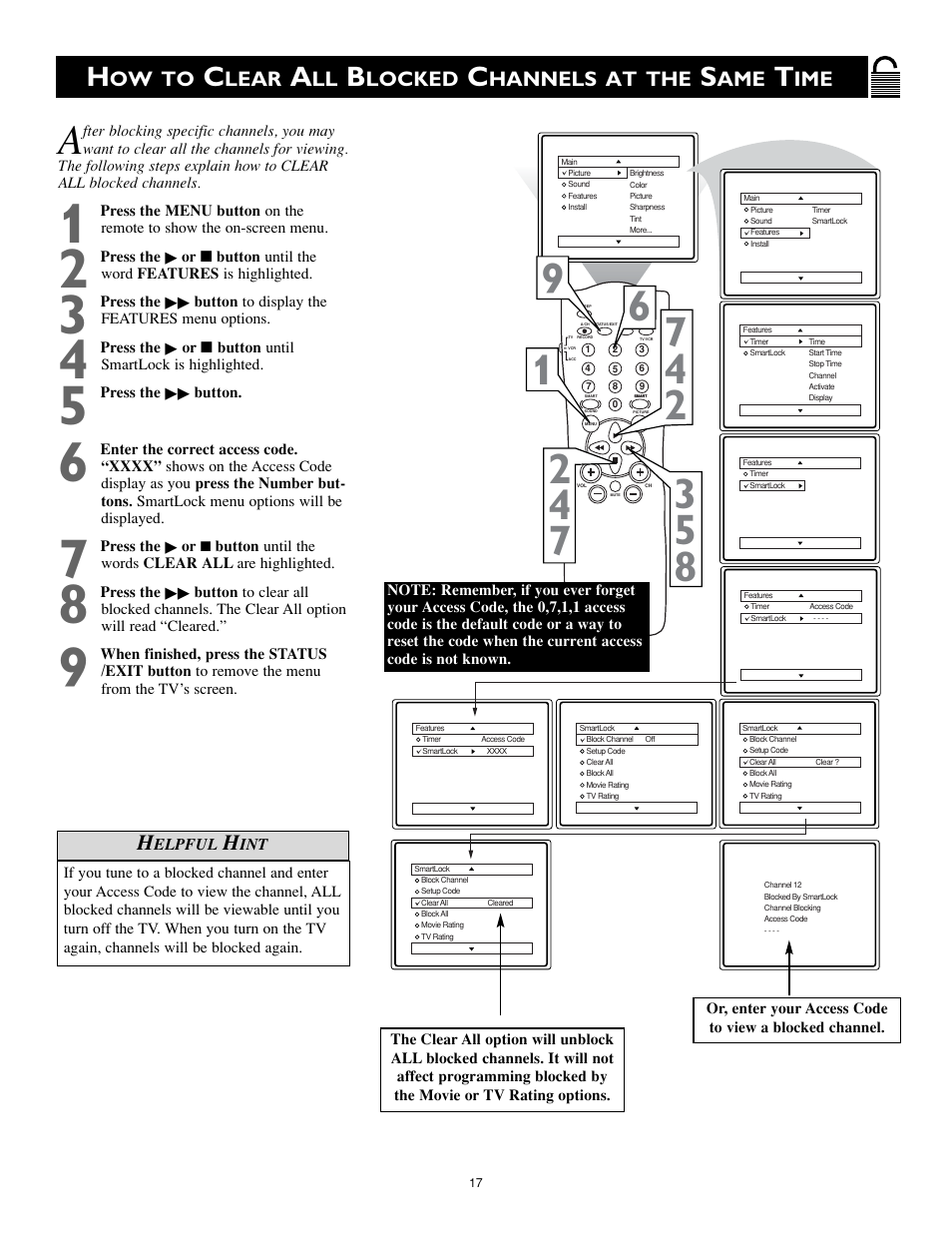 Ow to, Lear, Locked | Hannels at the | Philips Magnavox MS3252S MS3652S User Manual | Page 17 / 40