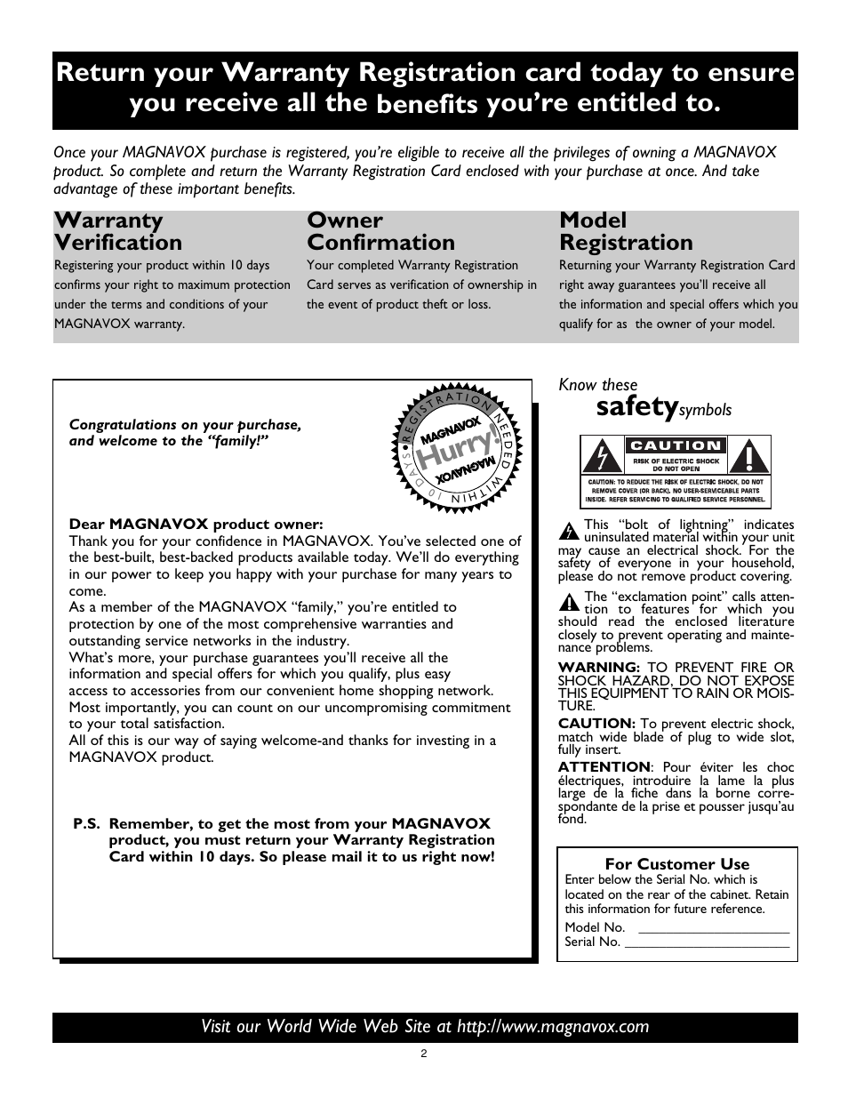 Safety, Hurry, Warranty verification | Owner confirmation, Model registration | Philips Magnavox MS3252S MS3652S User Manual | Page 2 / 40