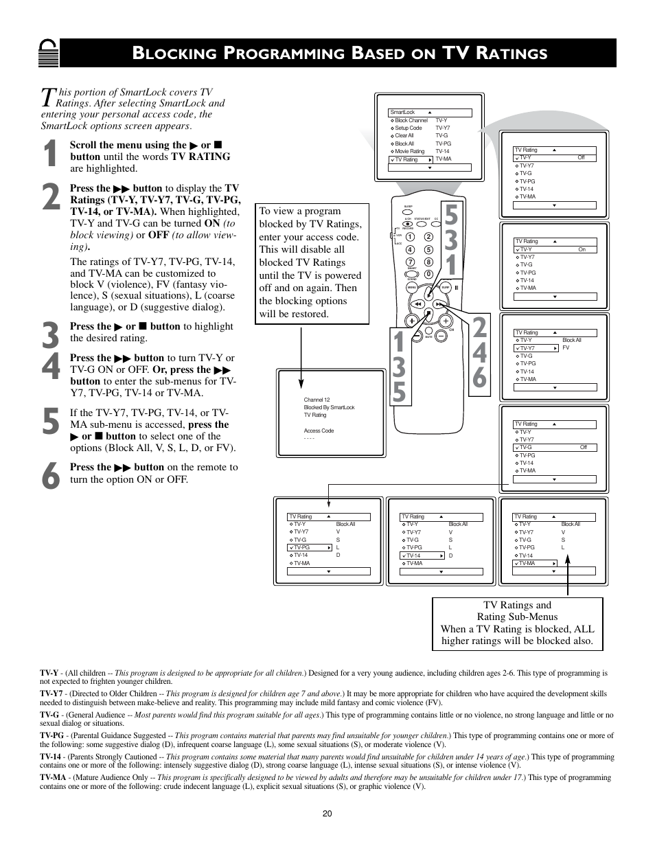 Tv r, Locking, Rogramming | Ased on, Atings | Philips Magnavox MS3252S MS3652S User Manual | Page 20 / 40