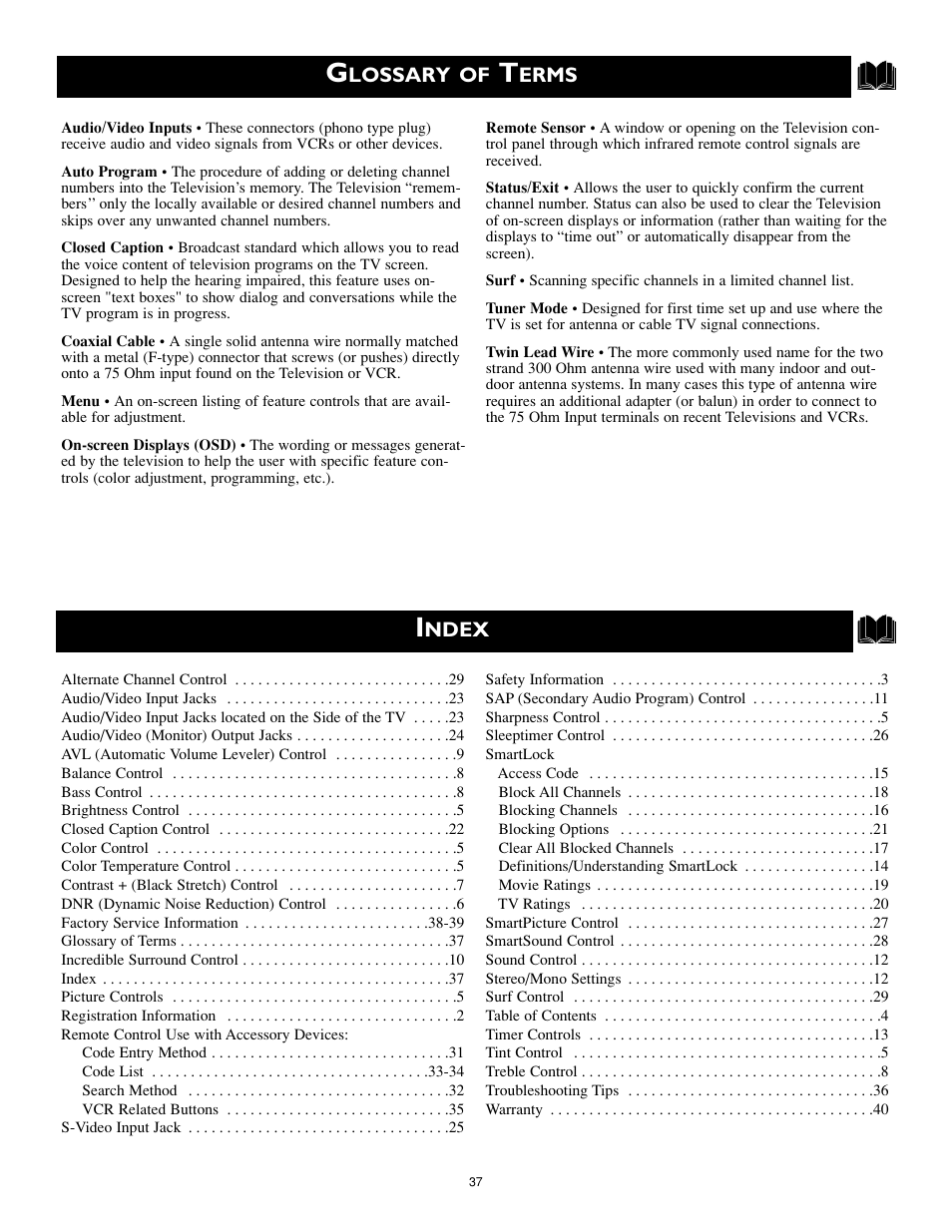 Lossary of, Erms, Ndex | Philips Magnavox MS3252S MS3652S User Manual | Page 37 / 40