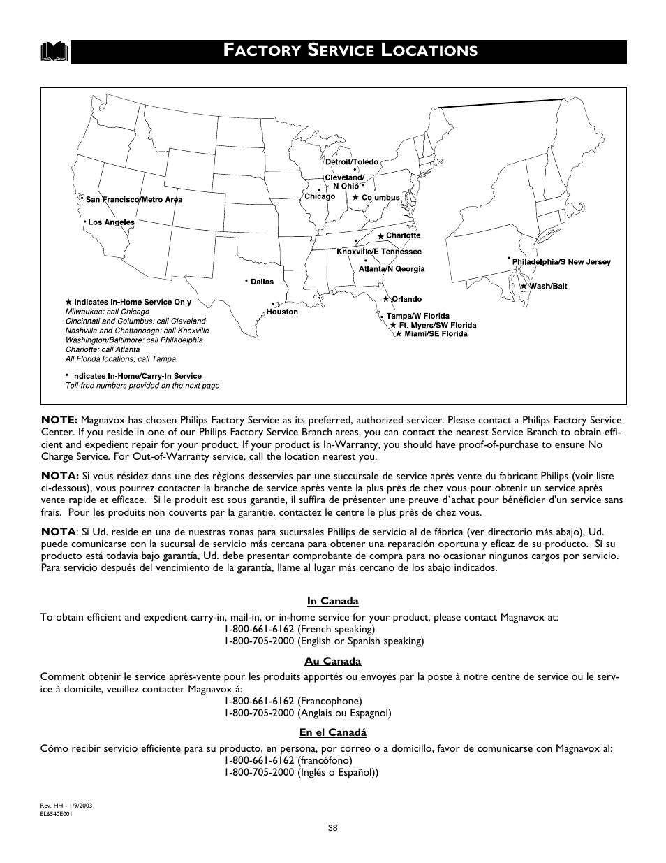 Actory, Ervice, Ocations | Philips Magnavox MS3252S MS3652S User Manual | Page 38 / 40