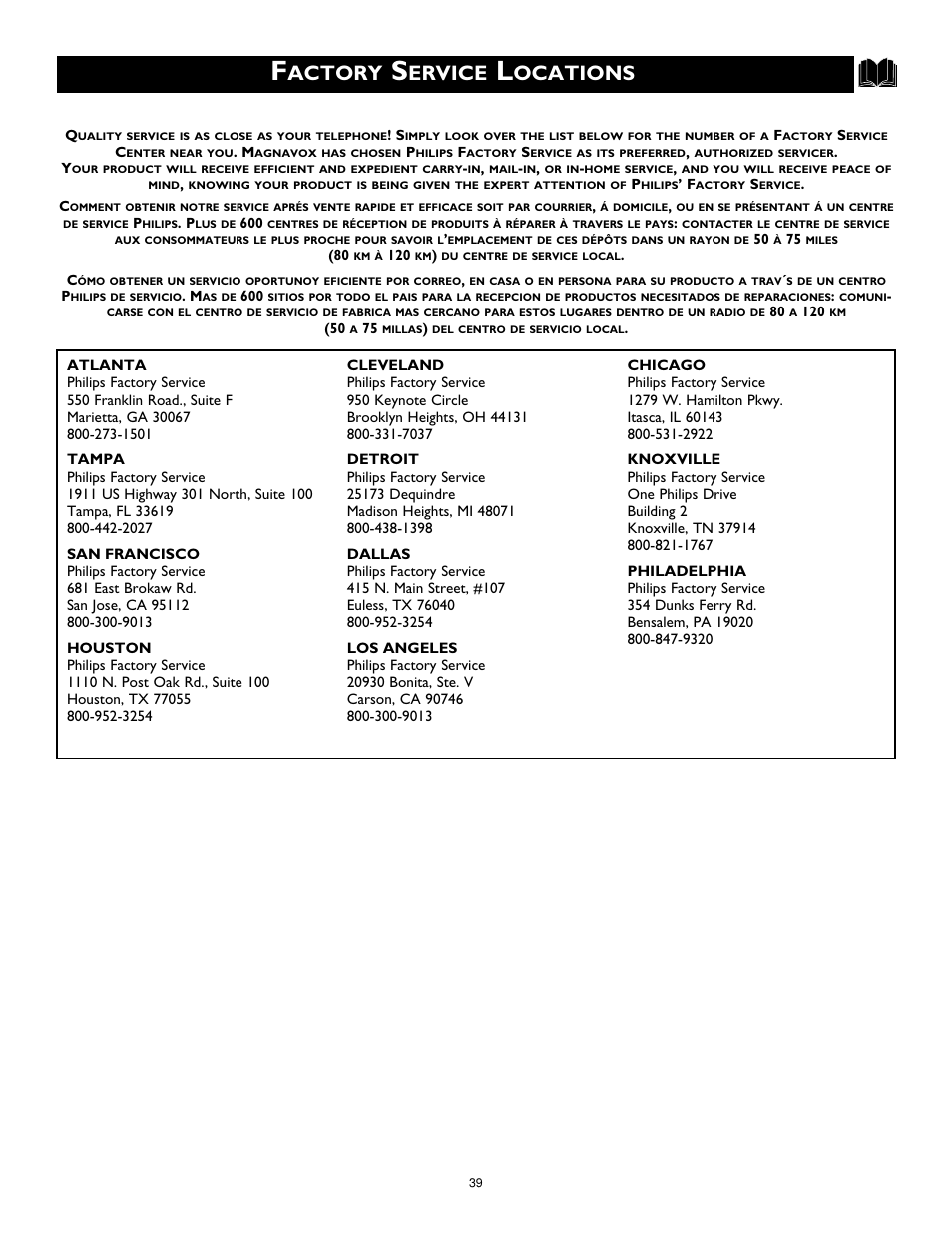 Actory, Ervice, Ocations | Philips Magnavox MS3252S MS3652S User Manual | Page 39 / 40