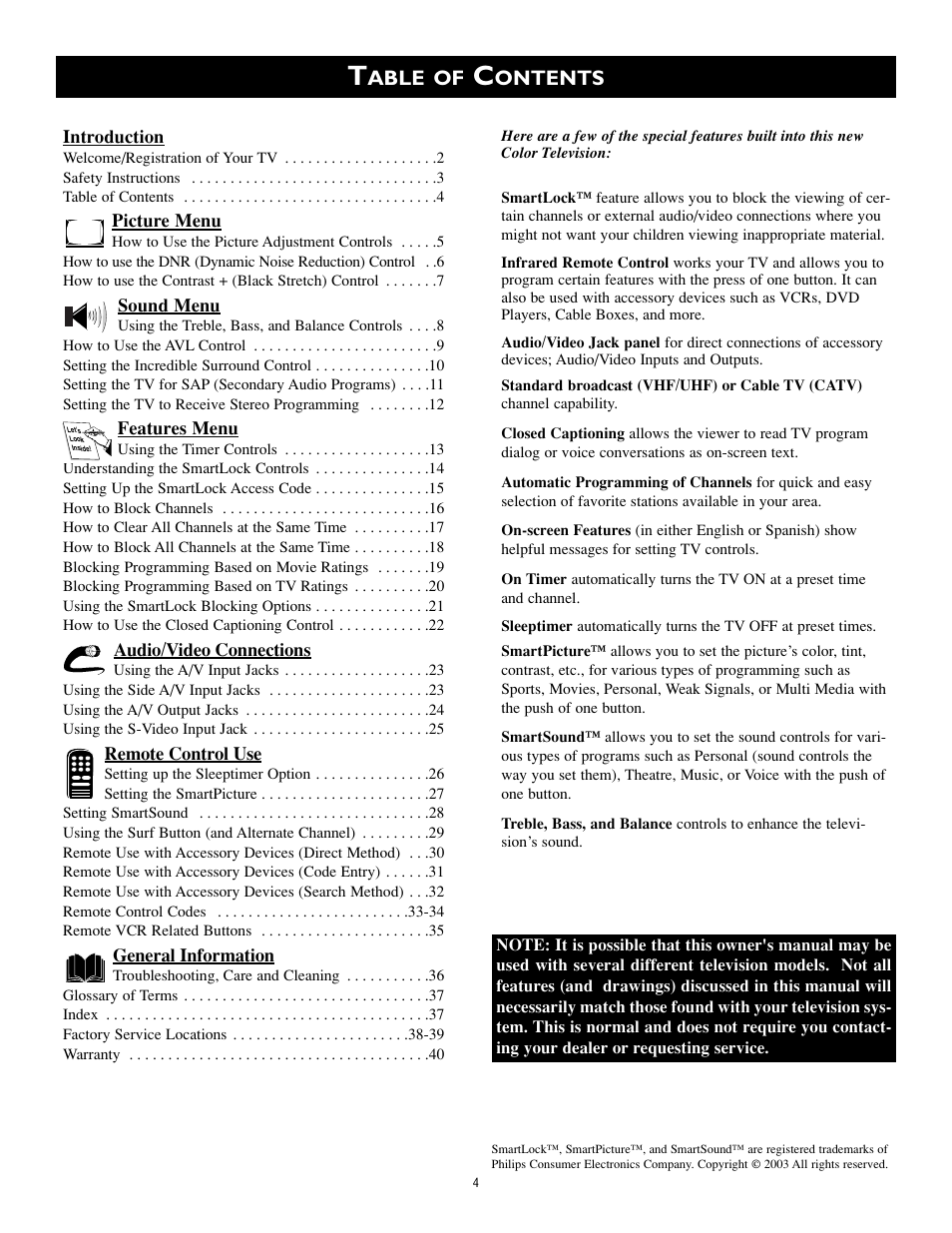 Able of, Ontents | Philips Magnavox MS3252S MS3652S User Manual | Page 4 / 40