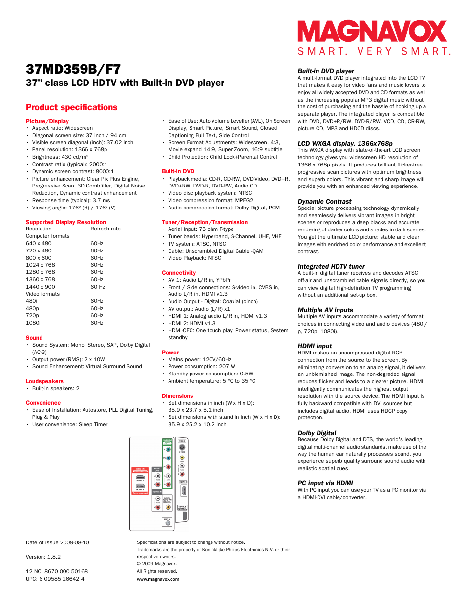 37" class lcd hdtv with built-in dvd player, Product specifications | Philips Magnavox 37MD359B User Manual | Page 2 / 3