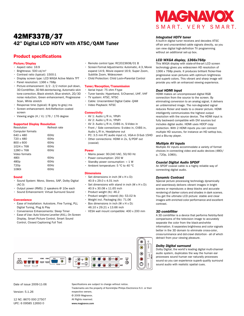 42" digital lcd hdtv with atsc/qam tuner, Product specifications | Philips Magnavox 42" Digital LCD HDTV with ATSC/QAM Tuner 42MF337B User Manual | Page 2 / 3