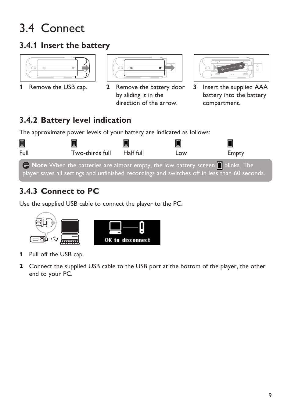4 connect, 1 insert the battery, 2 battery level indication | 3 connect to pc, Connect, Insert the battery, Battery level indication, Connect to pc | Philips Magnavox MSA2025 User Manual | Page 11 / 24
