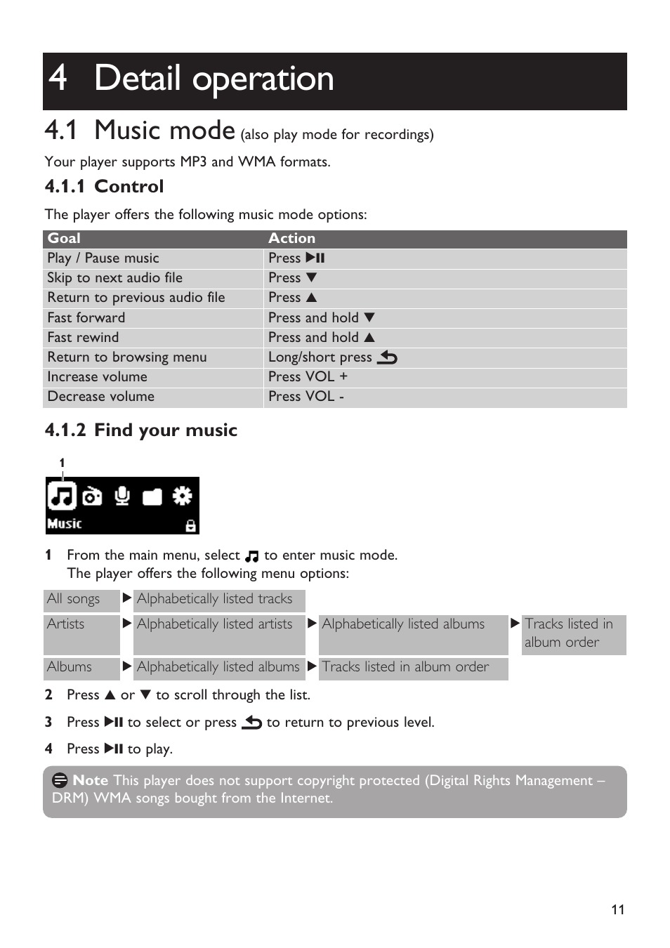 4 detail operation, 1 music mode, 1 control | 2 find your music, Detail operation, Music mode, Control, Find your music | Philips Magnavox MSA2025 User Manual | Page 13 / 24