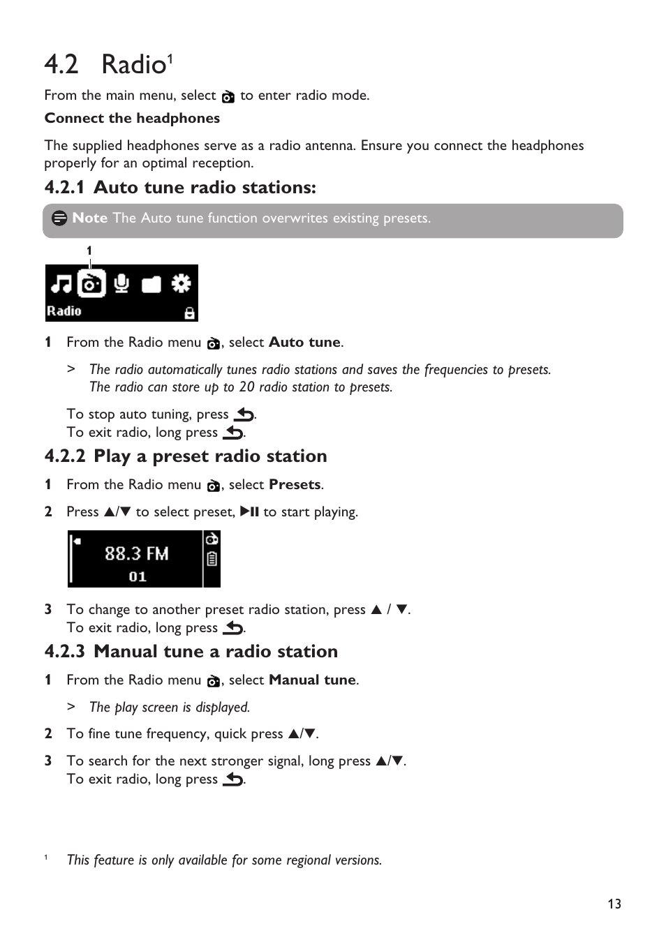 2 radio1, 1 auto tune radio stations, 2 play a preset radio st | 3 manual tune a radio st, Radio, Auto tune radio stations, Play a preset radio station, Manual tune a radio station, 2 radio, 2 play a preset radio station | Philips Magnavox MSA2025 User Manual | Page 15 / 24