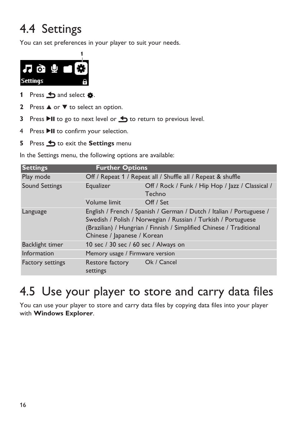 4 settings, 5 use your player to store, Settings | Use your player to store and carry data files, 5 use your player to store and carry data files | Philips Magnavox MSA2025 User Manual | Page 18 / 24