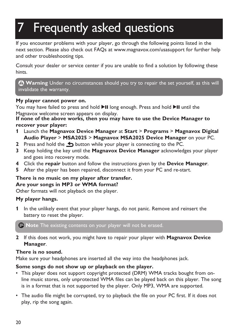 7 frequently asked questions, Frequently asked questions | Philips Magnavox MSA2025 User Manual | Page 22 / 24