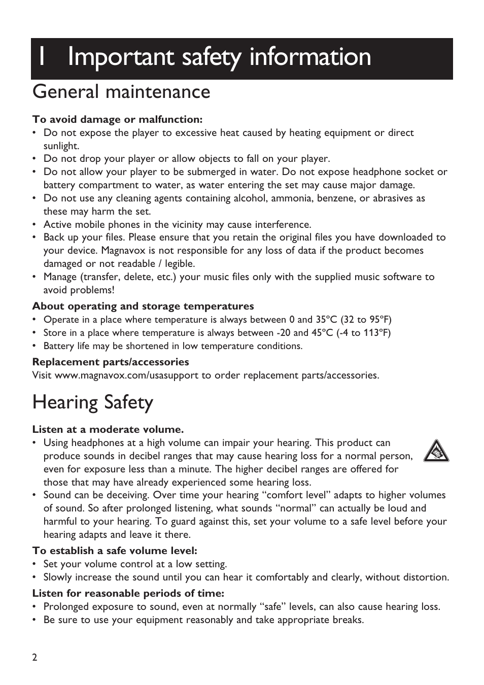 1 important safety information, Important safety information, General maintenance | Hearing safety | Philips Magnavox MSA2025 User Manual | Page 4 / 24