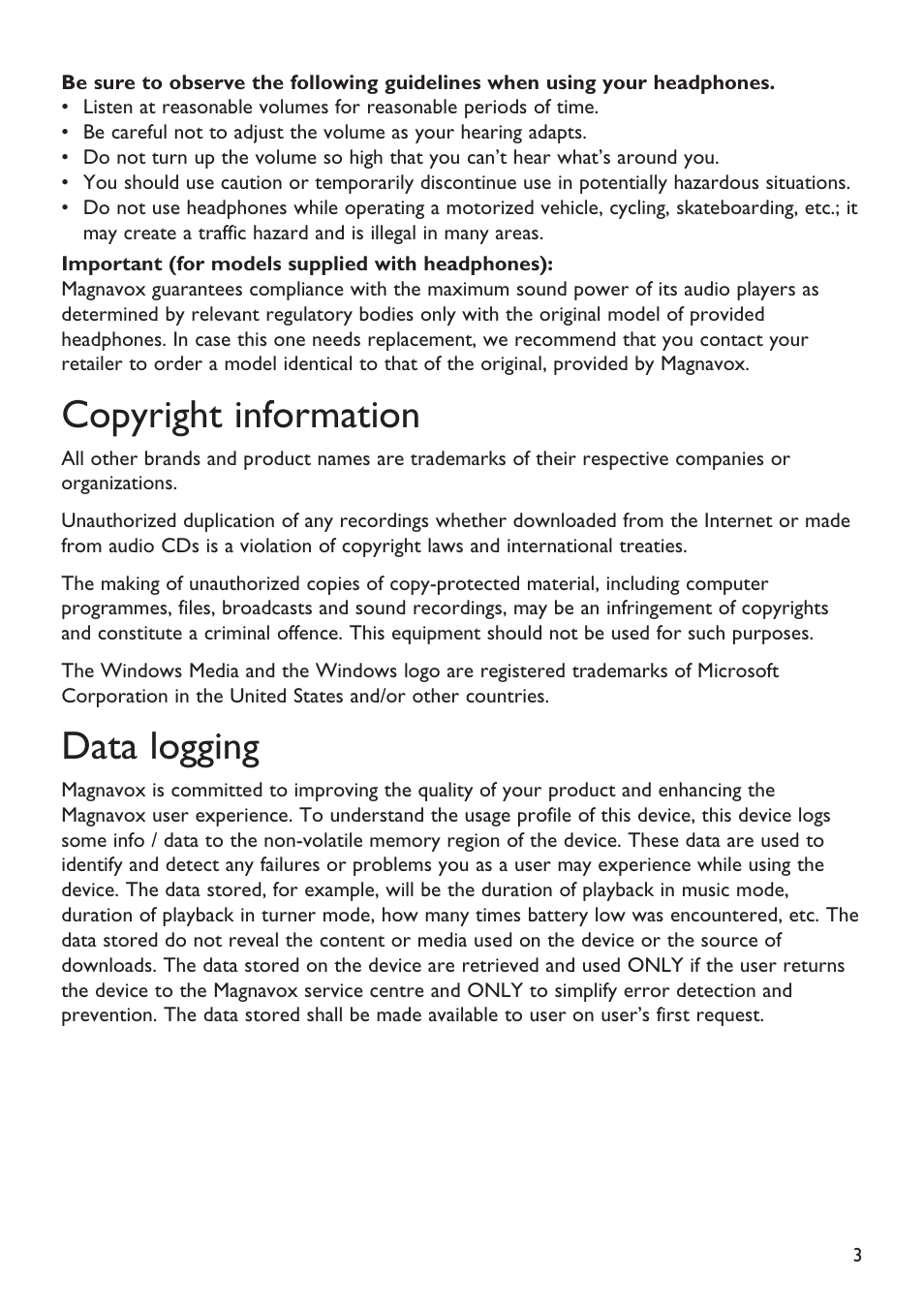 Copyright information, Data logging | Philips Magnavox MSA2025 User Manual | Page 5 / 24