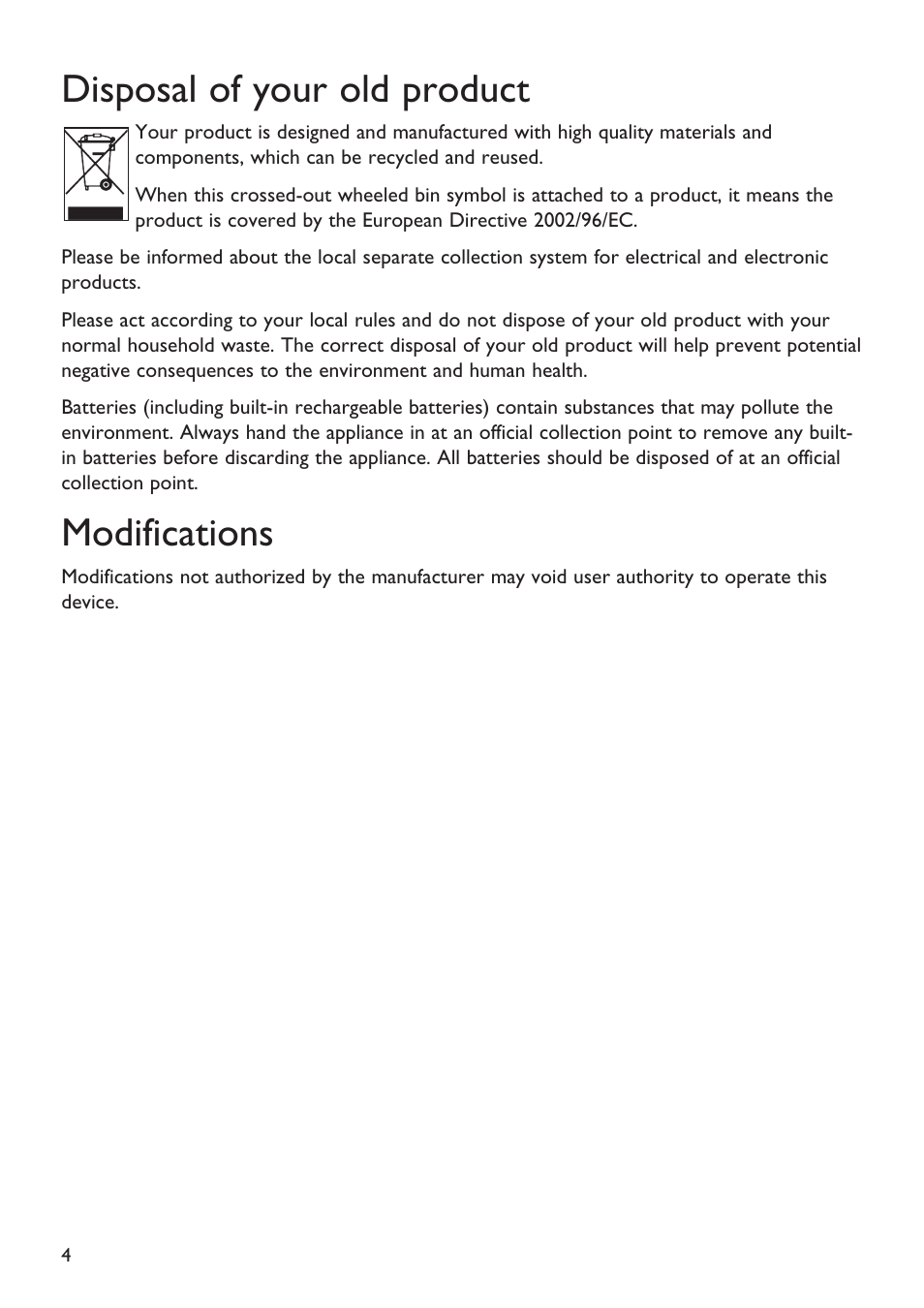 Disposal of your old product, Modifications | Philips Magnavox MSA2025 User Manual | Page 6 / 24