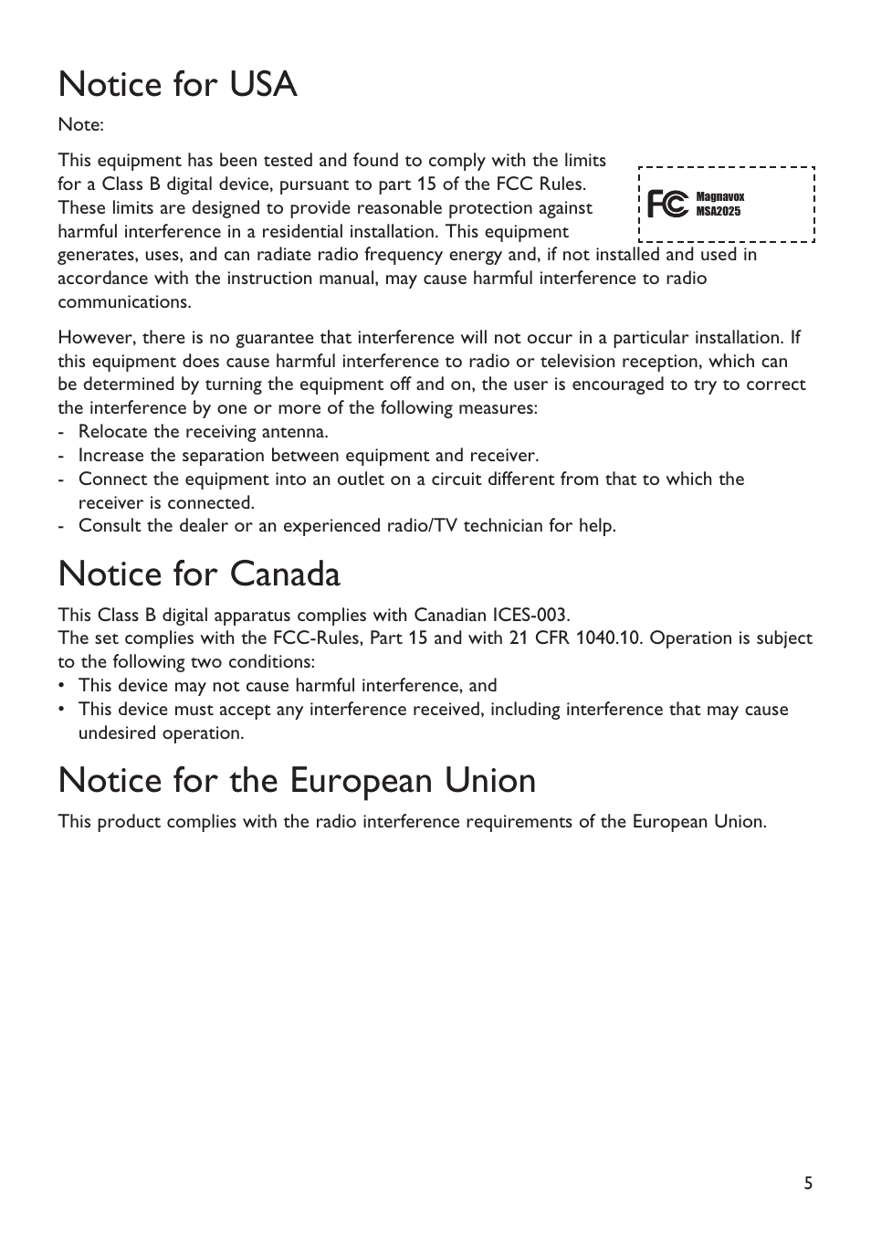 Notice for usa, Notice for canada, Notice for the european union | Philips Magnavox MSA2025 User Manual | Page 7 / 24