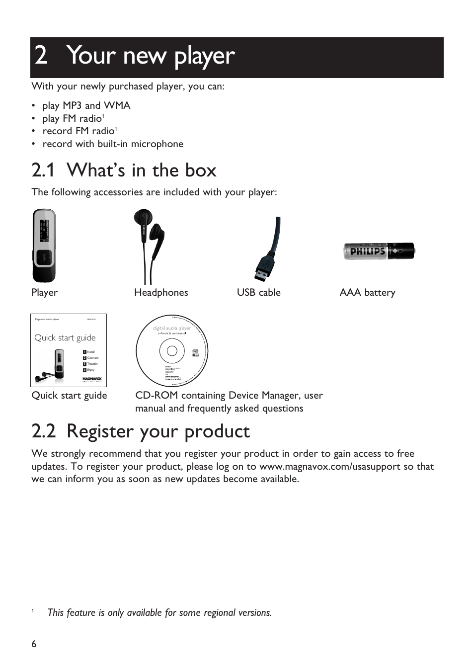 2 your new player, 1 what’s in the box, 2 register your product | Your new player, What’s in the box, Register your product, Record fm radio, Record with built-in microphone | Philips Magnavox MSA2025 User Manual | Page 8 / 24