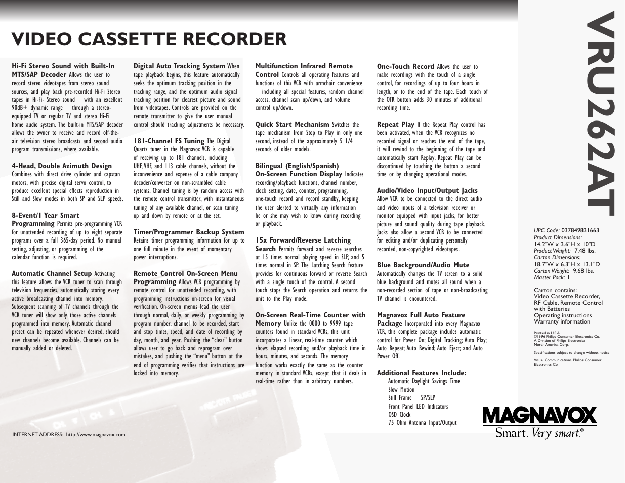 Vr u262a t, Video cassette recorder | Philips Magnavox VRU26AT User Manual | Page 2 / 2