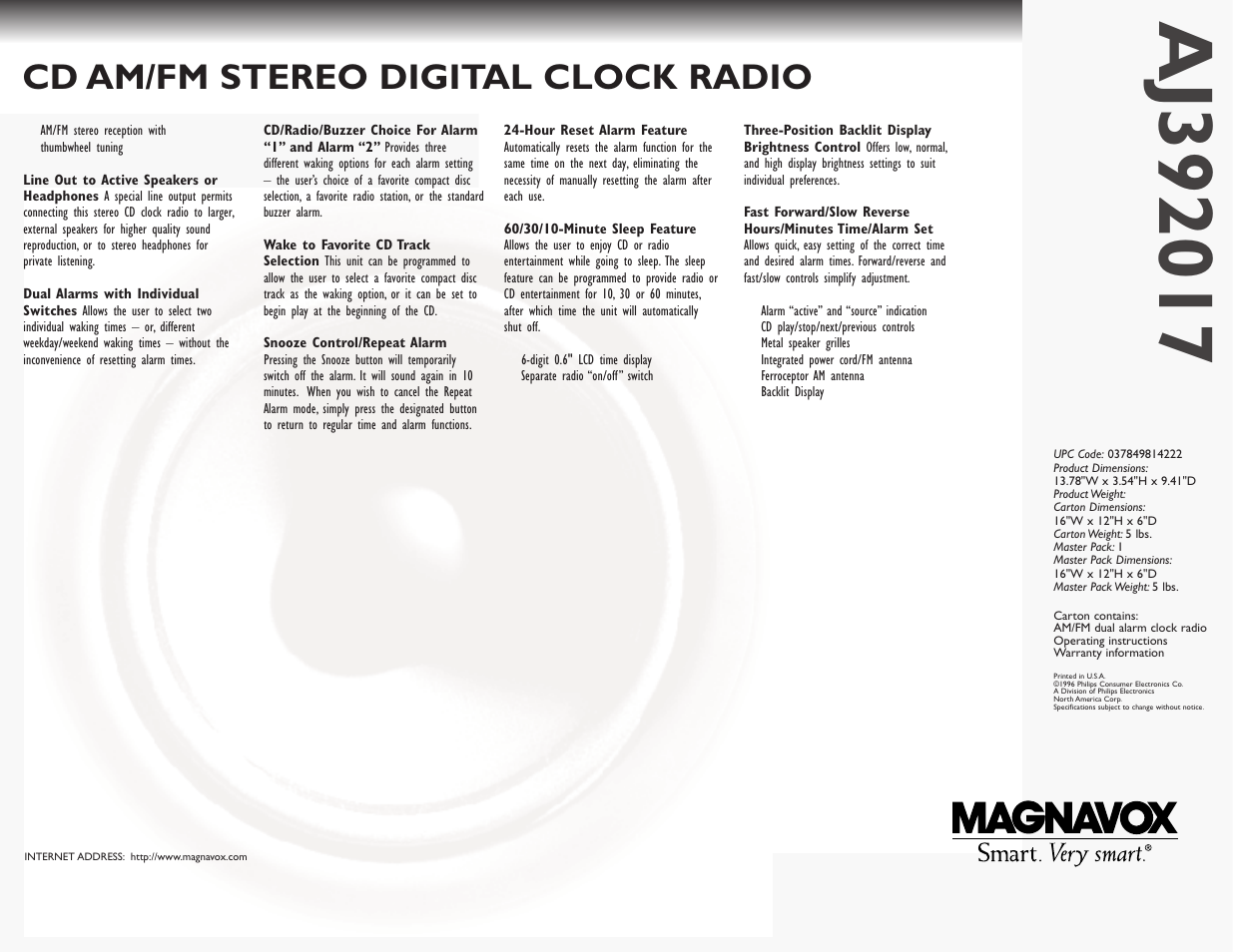 Cd am/fm stereo digital clock radio | Philips Magnavox AJ392017 User Manual | Page 2 / 2
