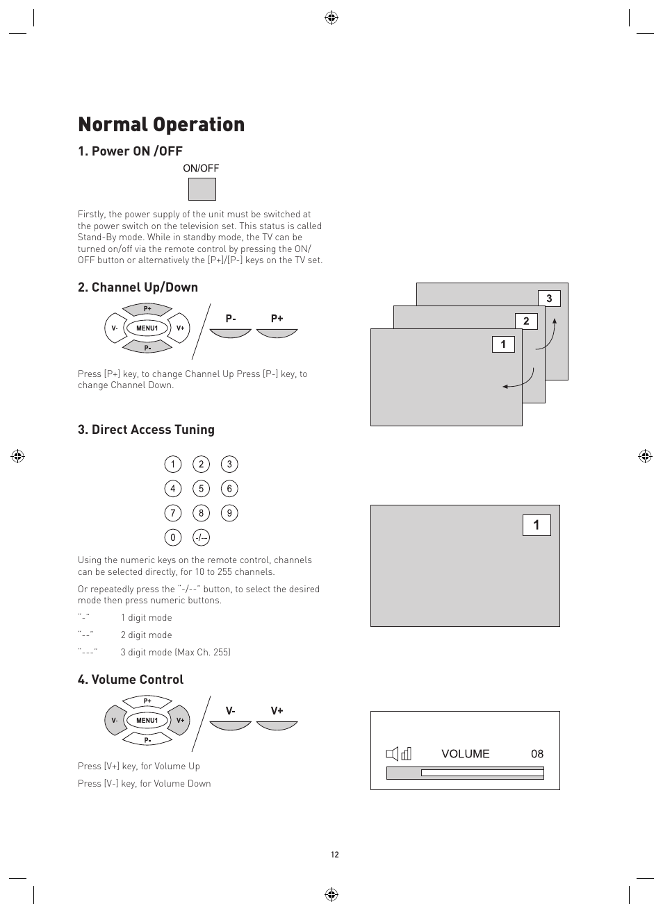 Normal operation, Power on /off, Channel up/down | Direct access tuning, Volume control | Philips Magnavox MPF68A User Manual | Page 12 / 22
