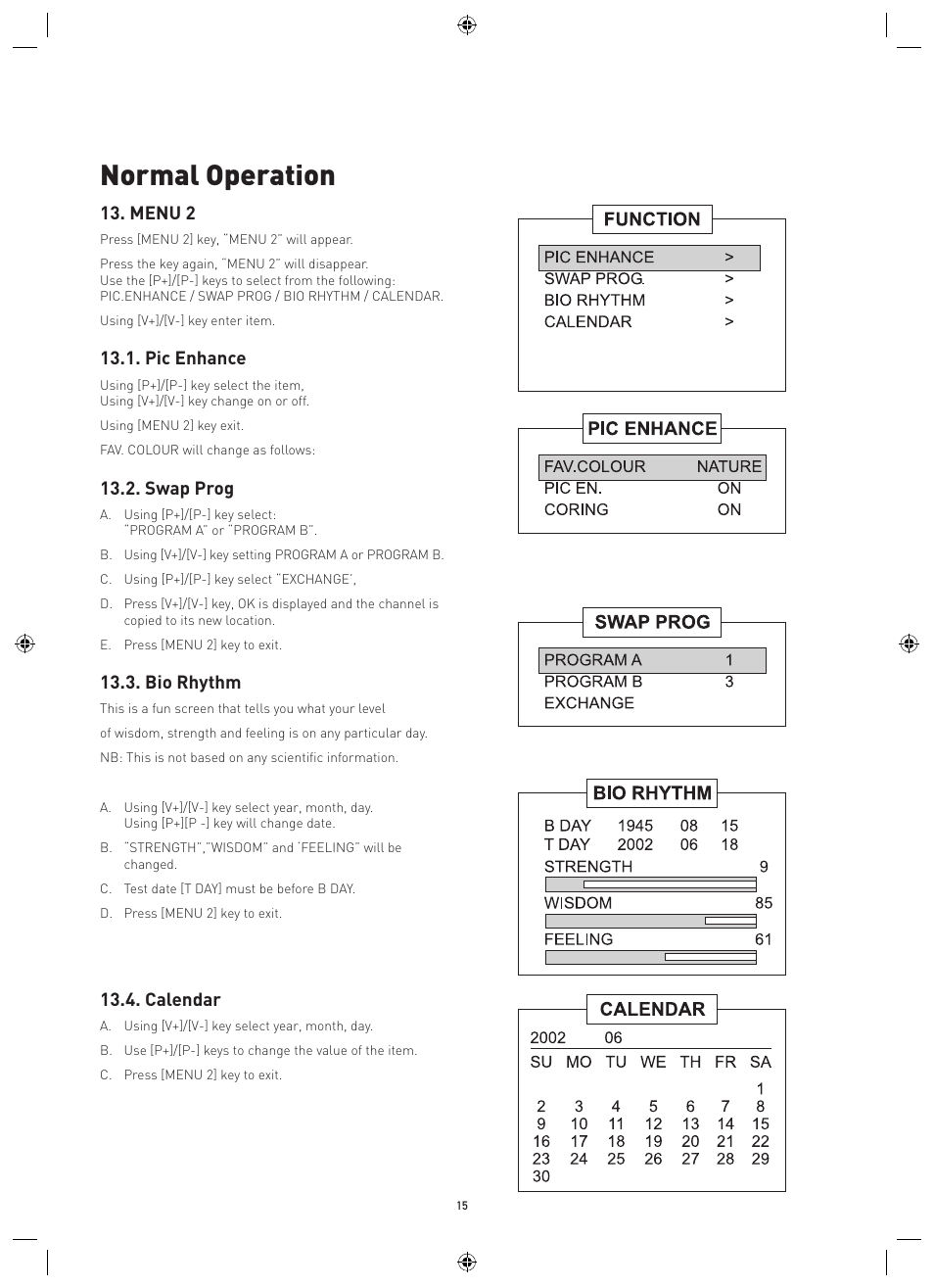 Normal operation, Menu 2, Pic enhance | Swap prog, Bio rhythm, Calendar | Philips Magnavox MPF68A User Manual | Page 15 / 22